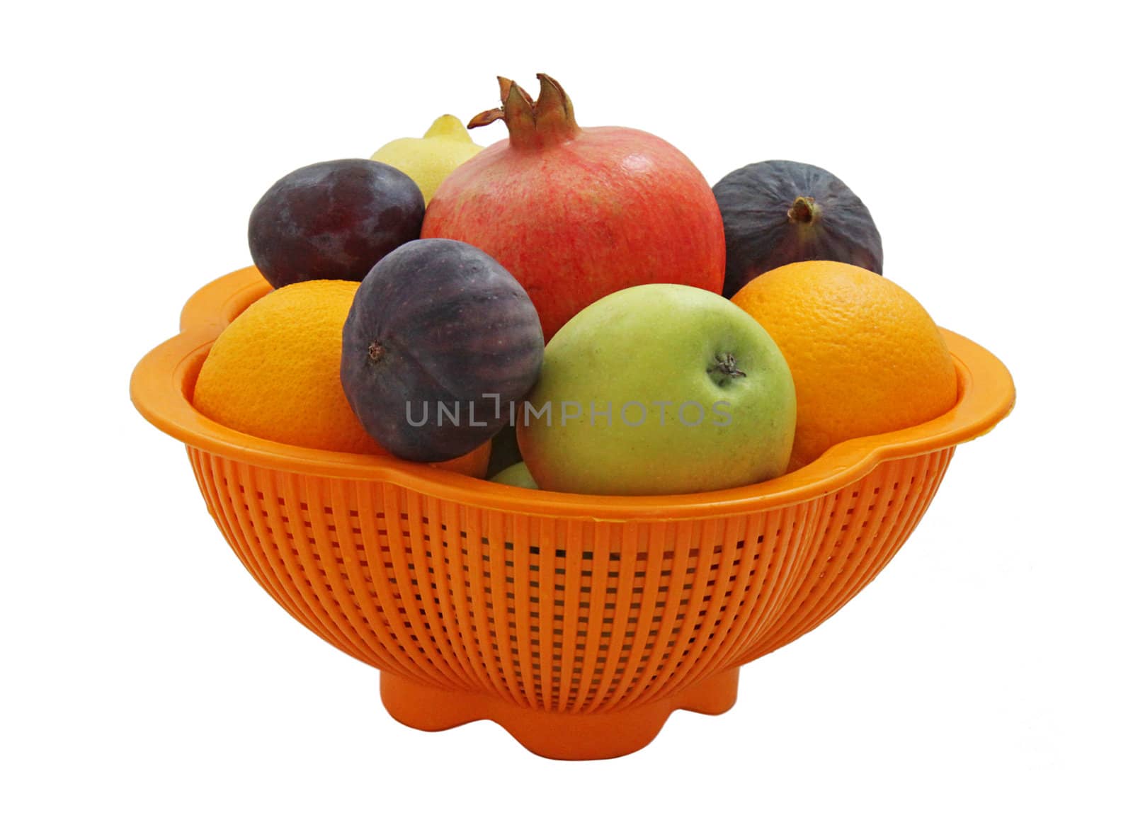 fruits (apple, oranges, fugs, plums, lemon, pomegranate)