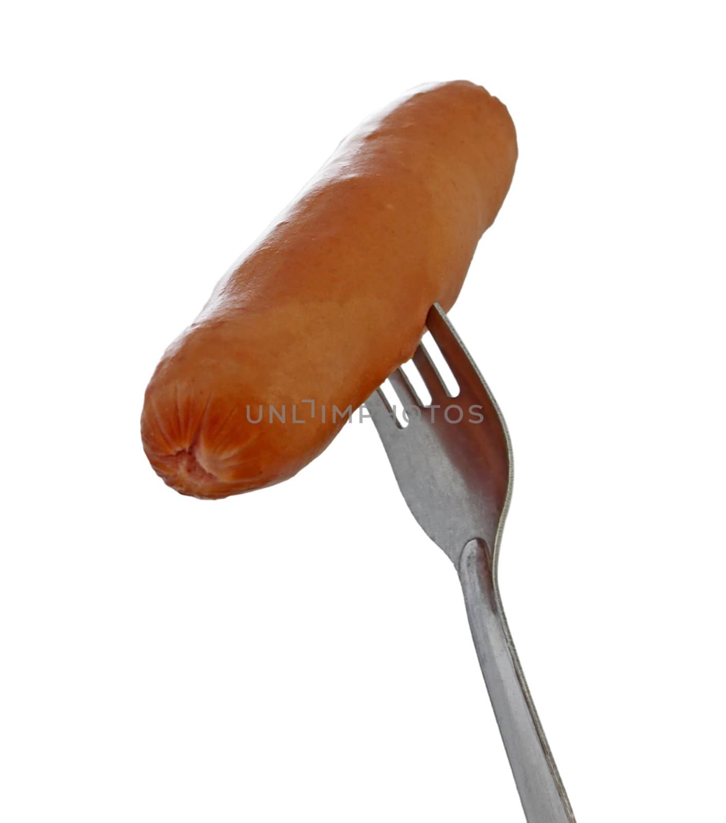 sausage on a fork isolated on white