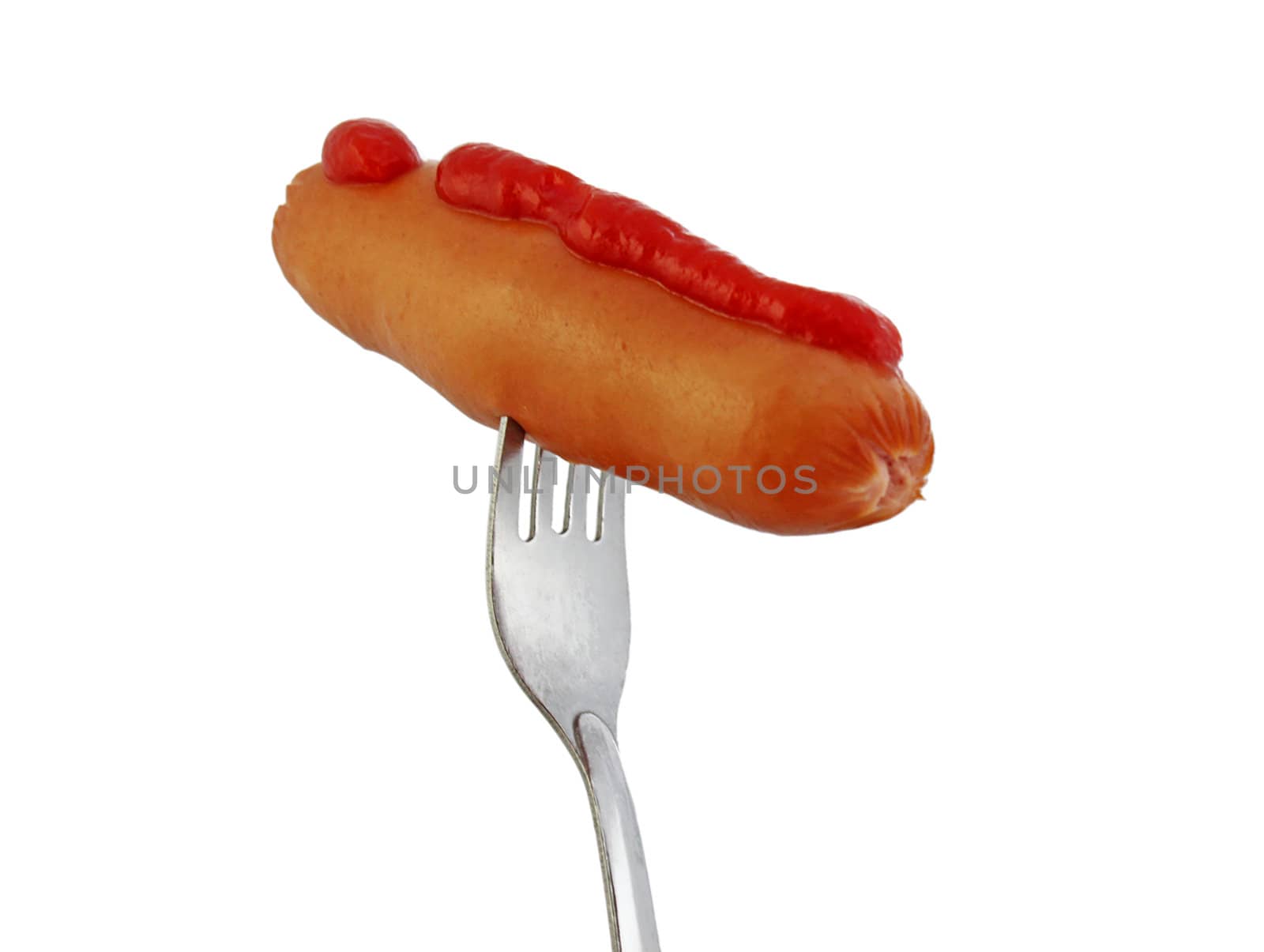 sausage with ketchup on a fork