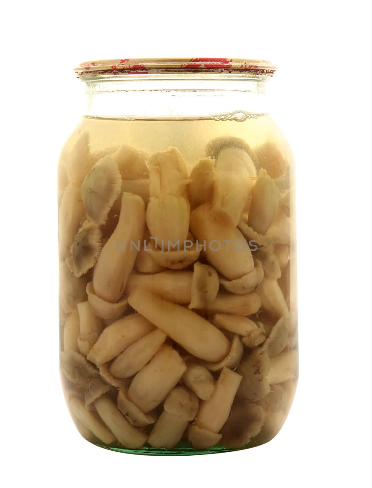 sealed jar with mushrooms isolated on white