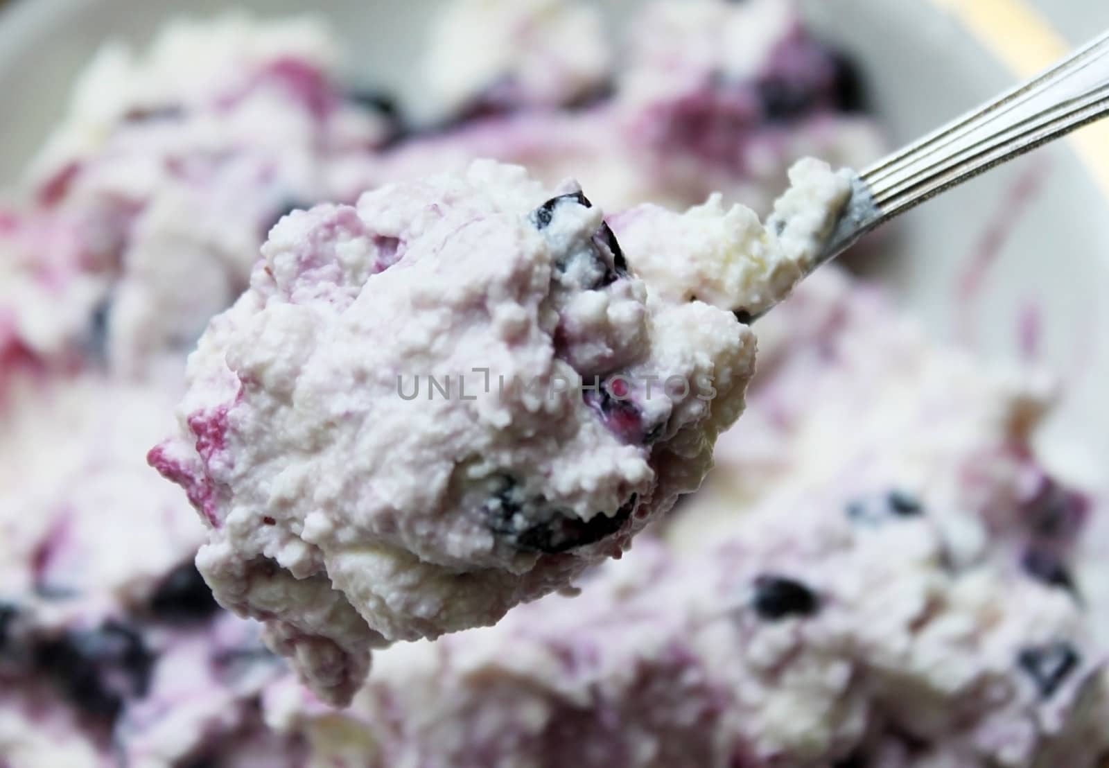 spoon of curds with sugar and bilberries