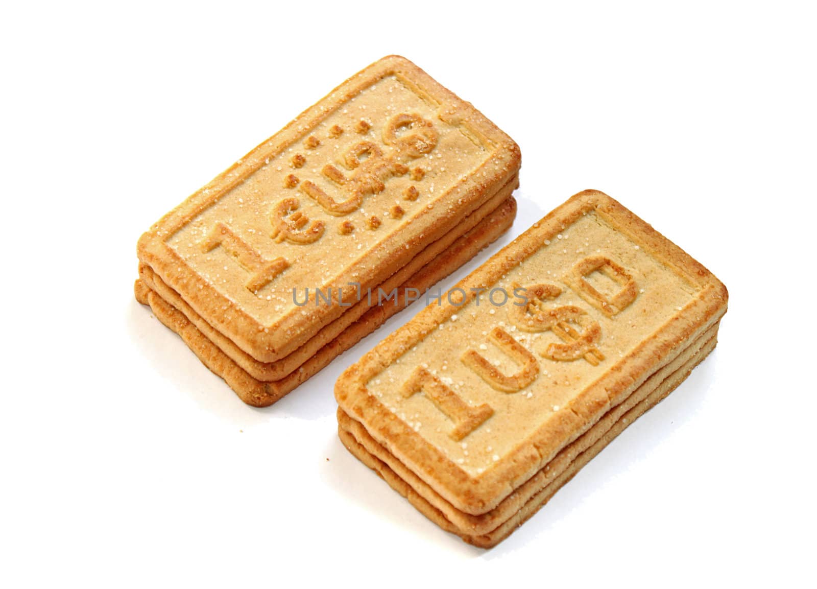 two heaps of biscuits: with usd and euro inscription