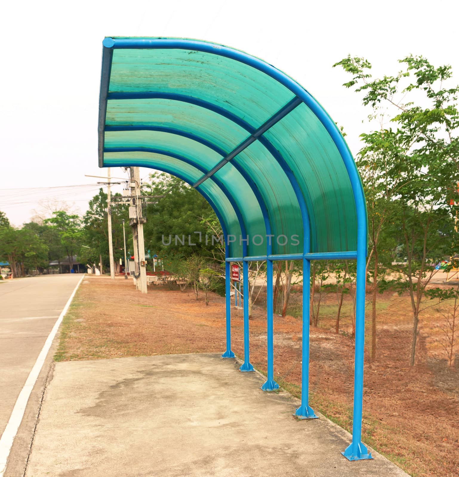 Stance on bus shelters, rain and sunshine with blue