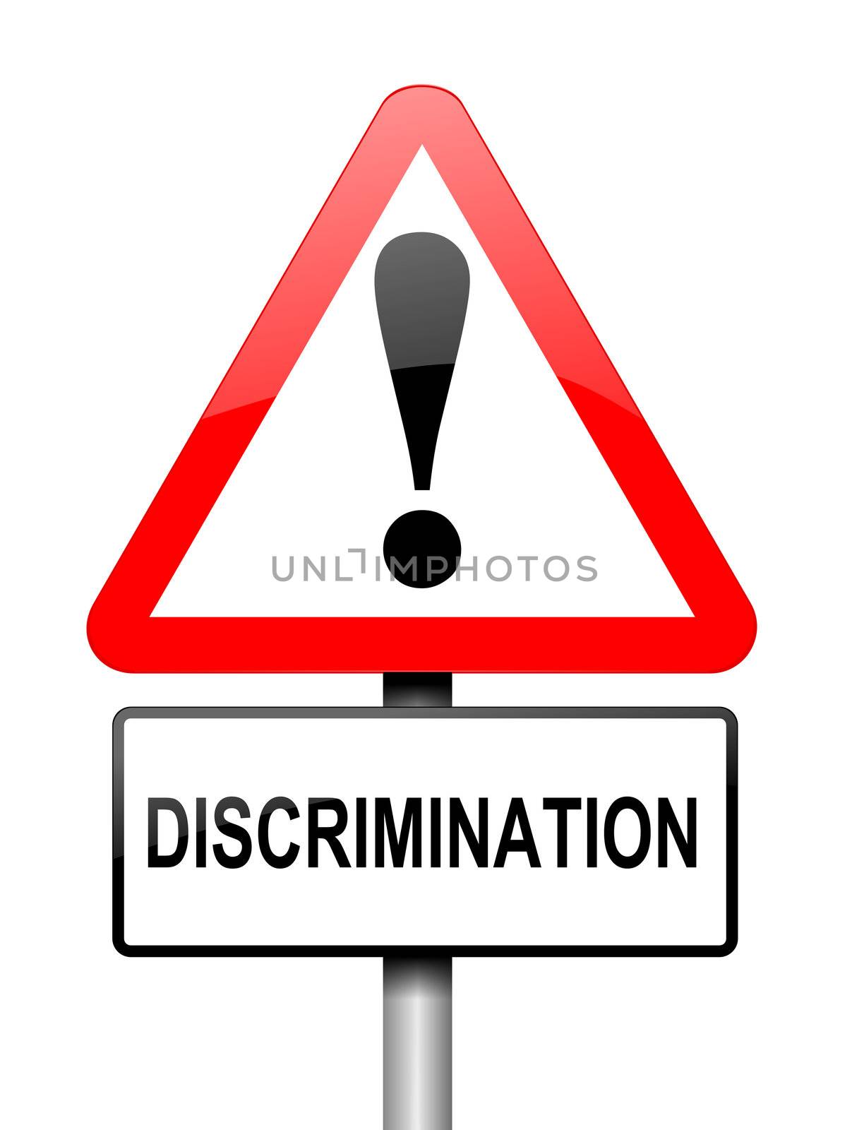 Illustration depicting a red and white triangular warning sign with a 'discrimination' concept. White background.