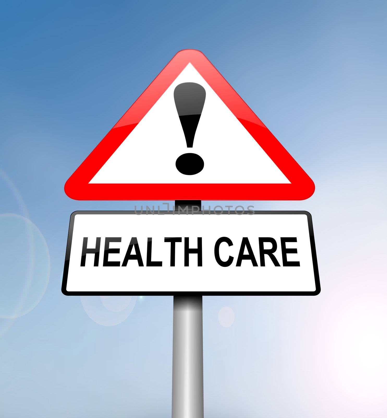 Illustration depicting a red and white triangular warning sign with a 'healthcare' concept. Blurred blue sky background.