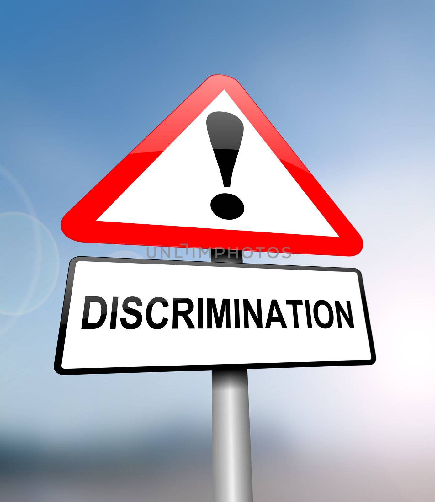 Illustration depicting a red and white triangular warning sign with a 'discrimination' concept. Blurred background.