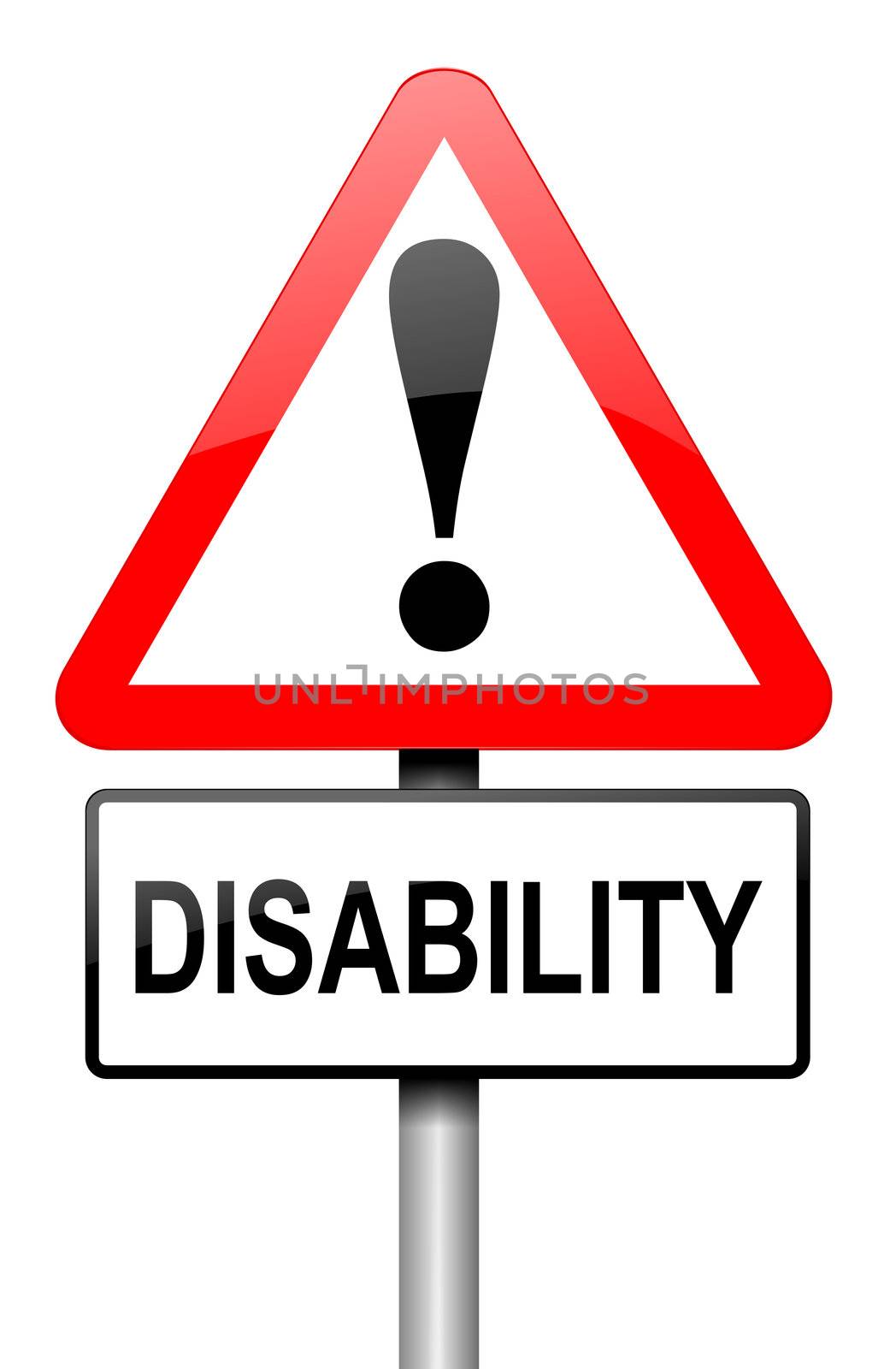Illustration depicting a red and white triangular warning sign with a 'disability' concept. White background.