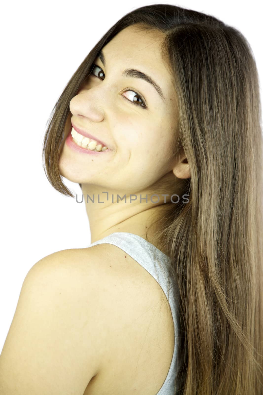 Happy girl with long hair smiling by fmarsicano