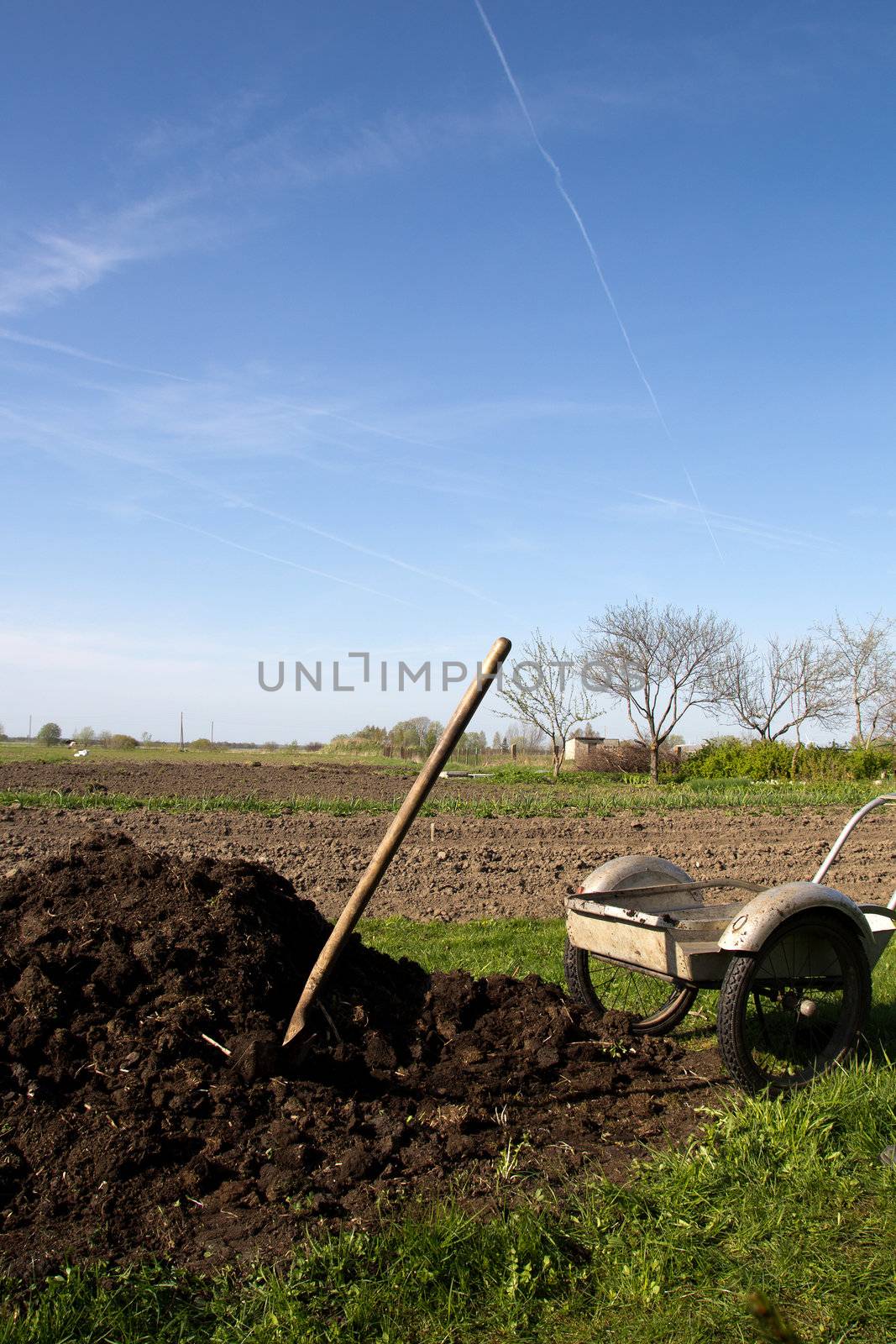 Spring view of the garden with a organic fertilizer pile and wheelbarrow