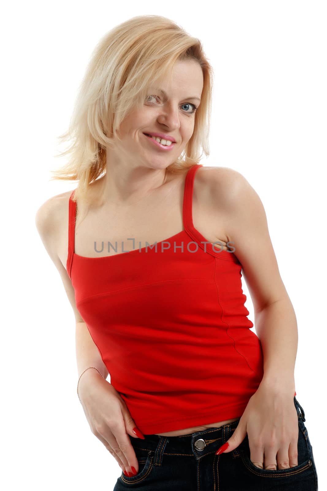 smiling casual woman in a red shirt on a white background