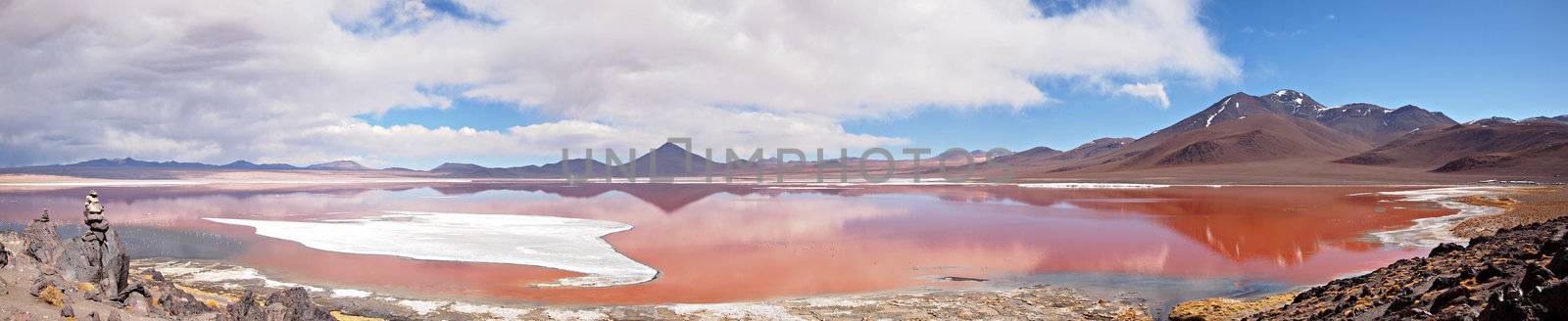Panorama of the Red Lagoon, or Laguna Colorada, on the Altiplano near Uyuni inside Eduardo Avaroa National Reserve in Bolivia at 4300 m above sea level.  The red color of the water is caused by sediments and algae. The white part is borax salt.