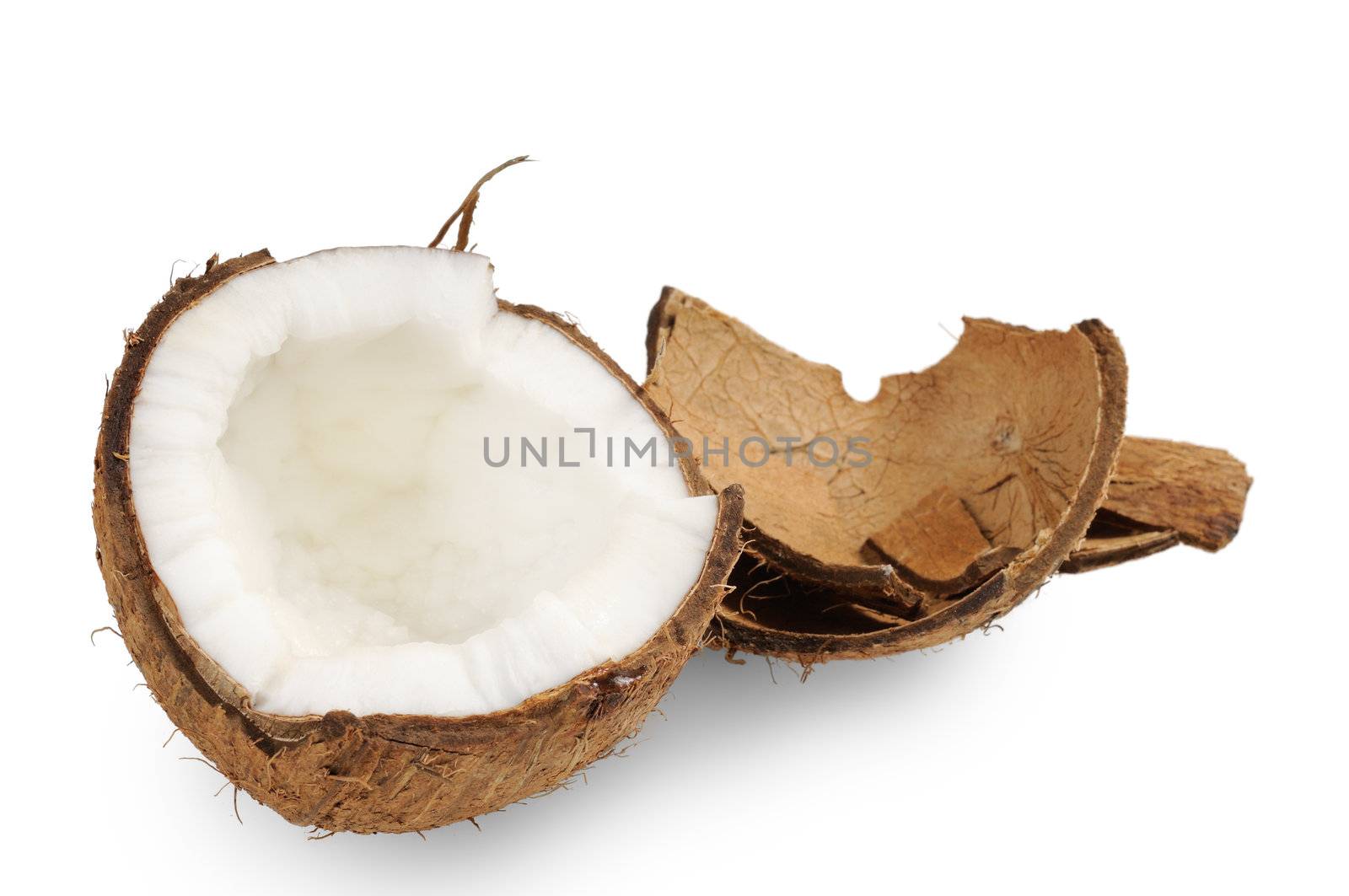 Fresh coconut and coconut shells. Isolated on white.