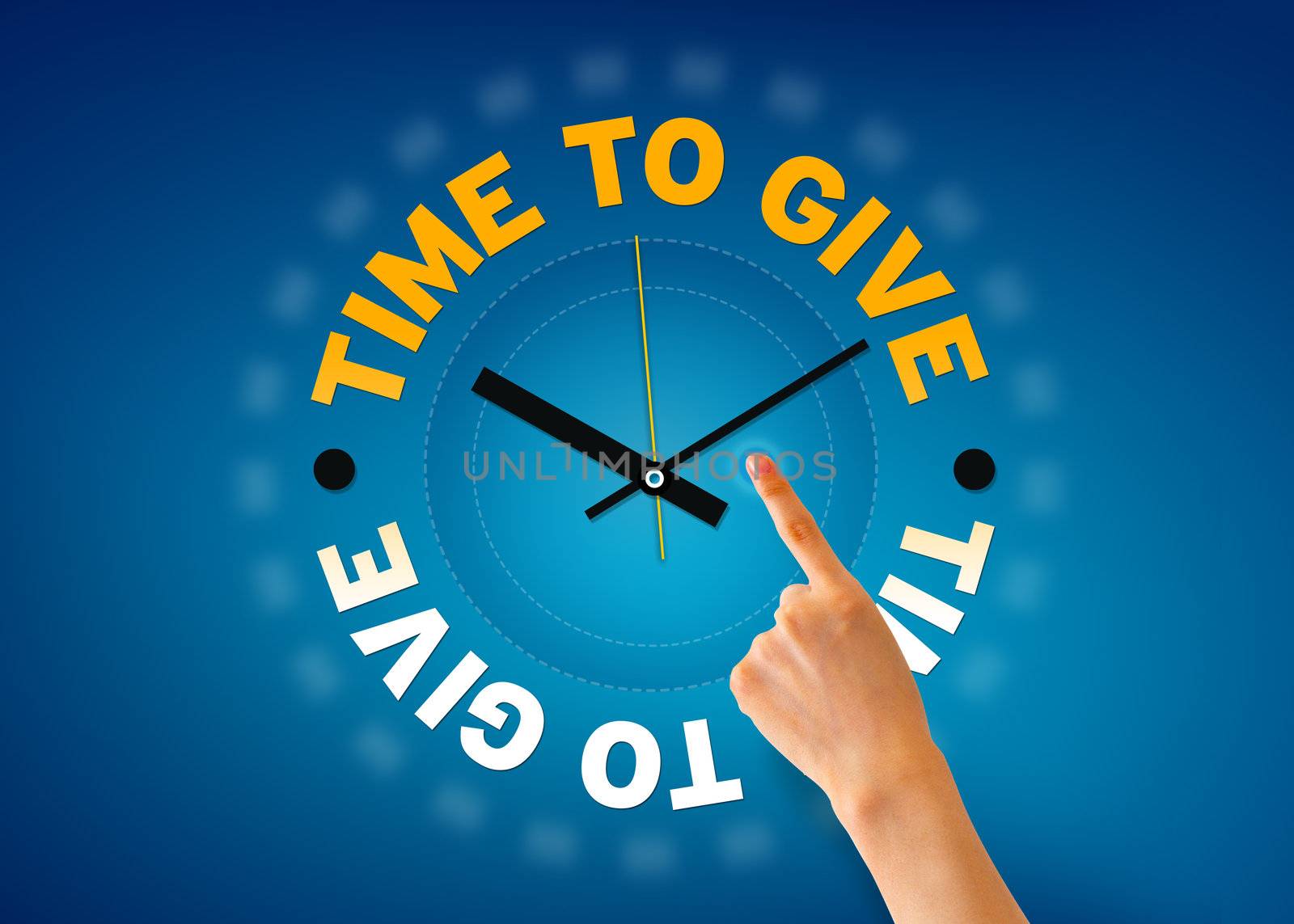 Hand pointing at a Time to Give glock illistration on blue background.