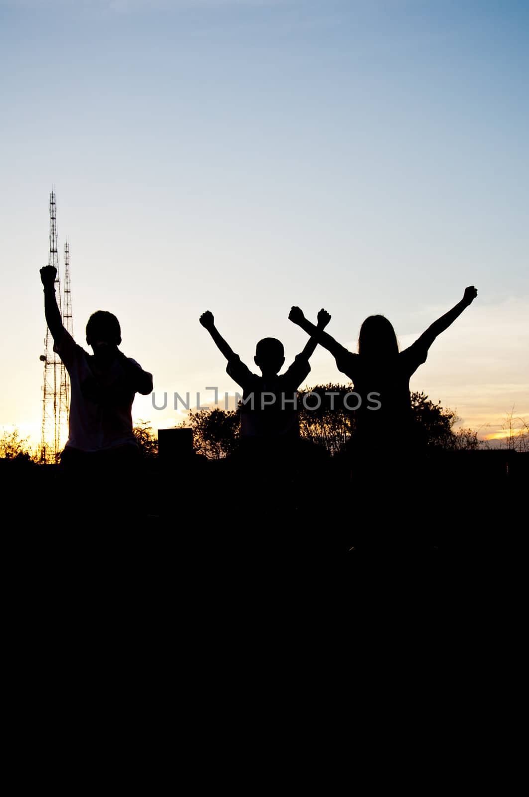 silhouette of children children happy and victory