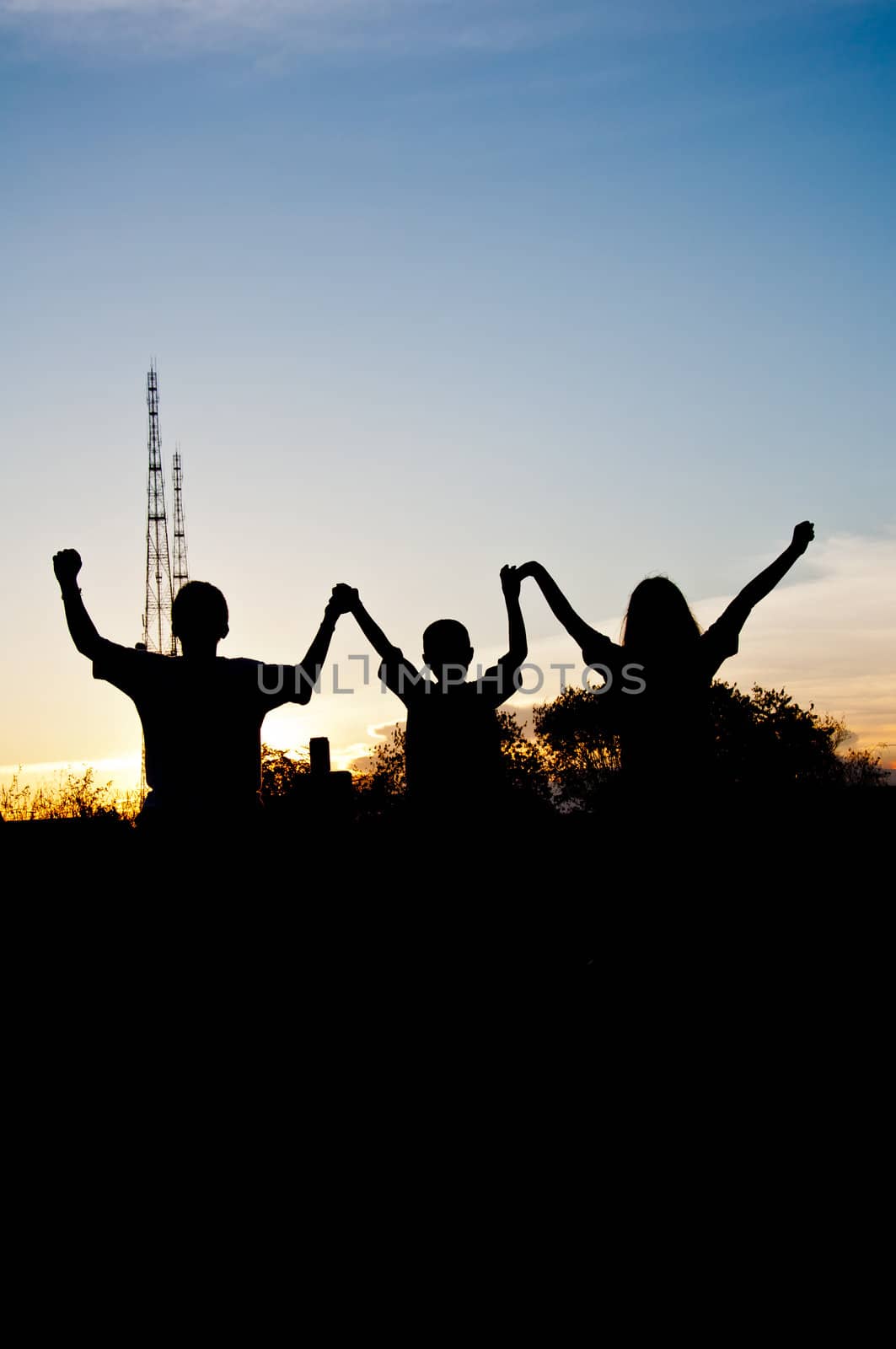 silhouette of children victory