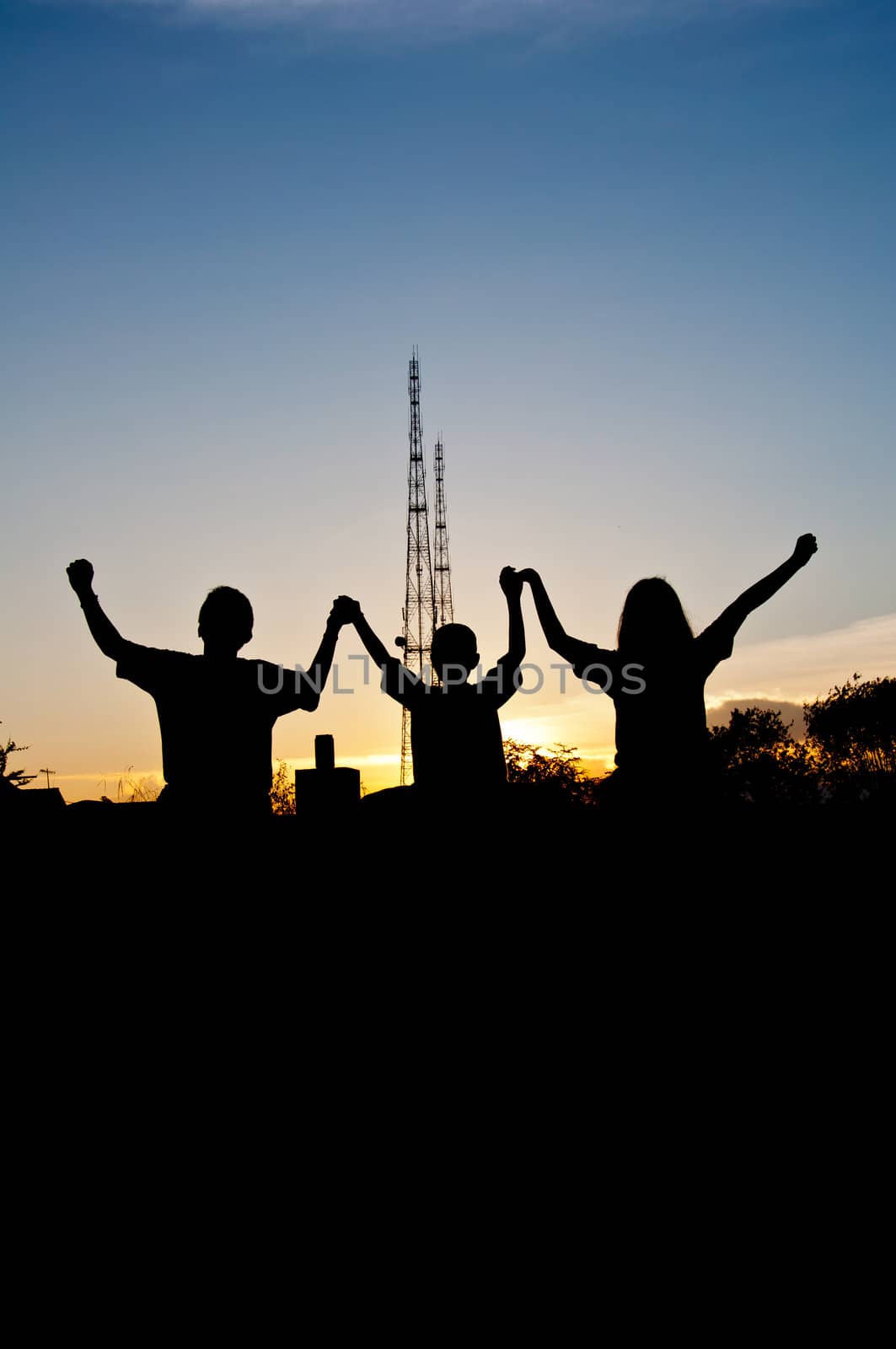 silhouette of children happy and victory