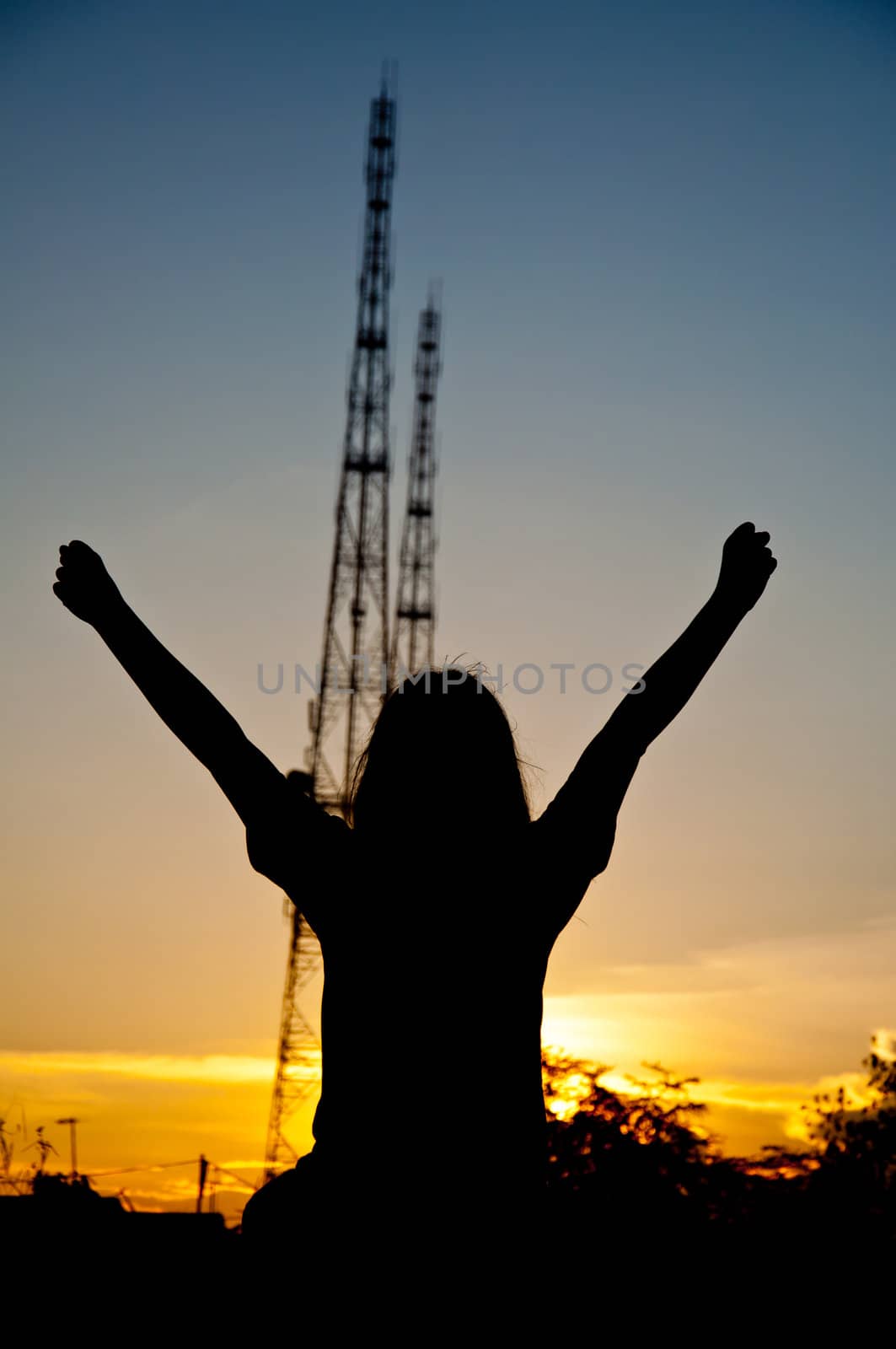 silhouette of girl happy and victory