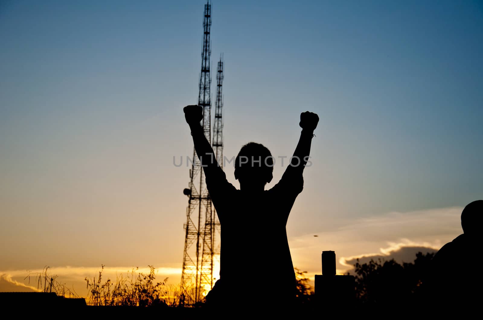 silhouette of children happy and victory