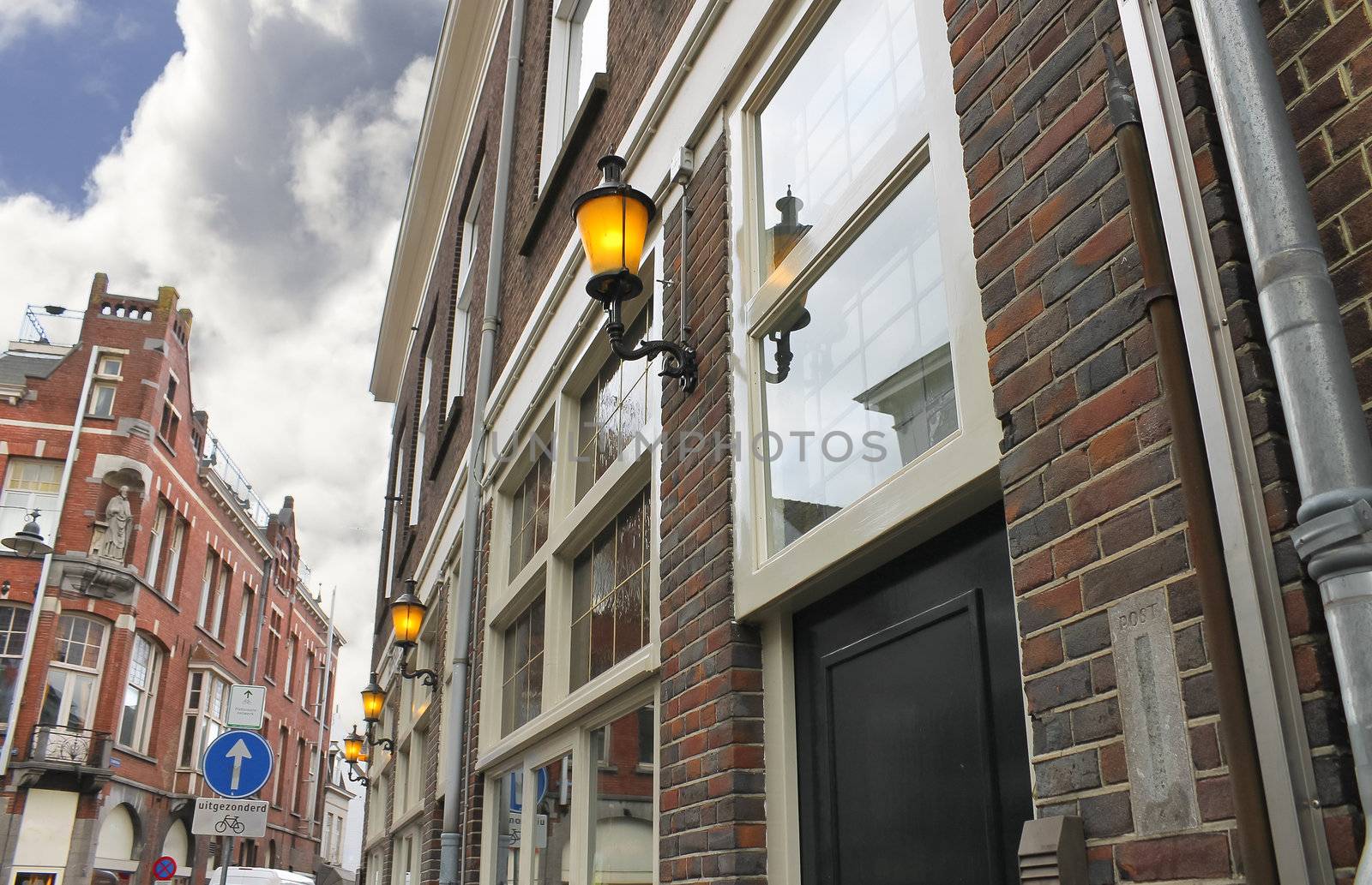 Morning, the lights on the building. Den Bosch. Netherlands