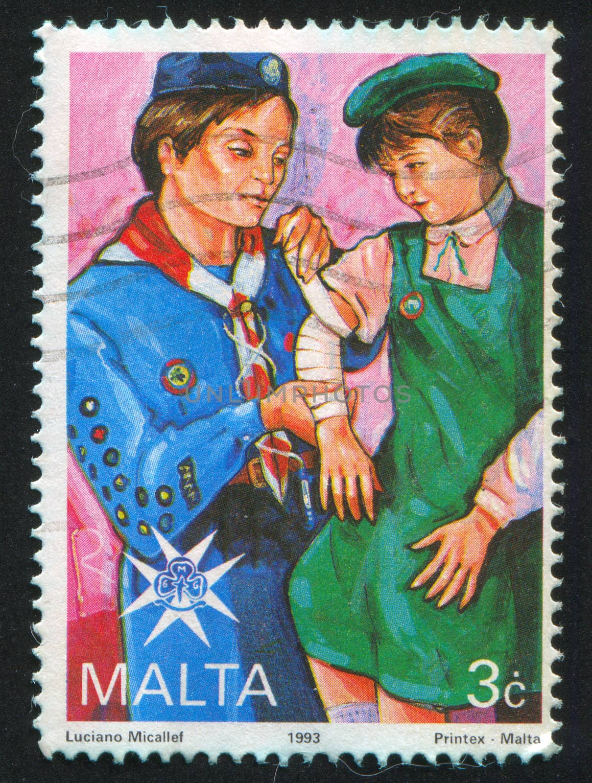 MALTA - CIRCA 1993: stamp printed by Malta, shows Leader bandaging girl, circa 1993