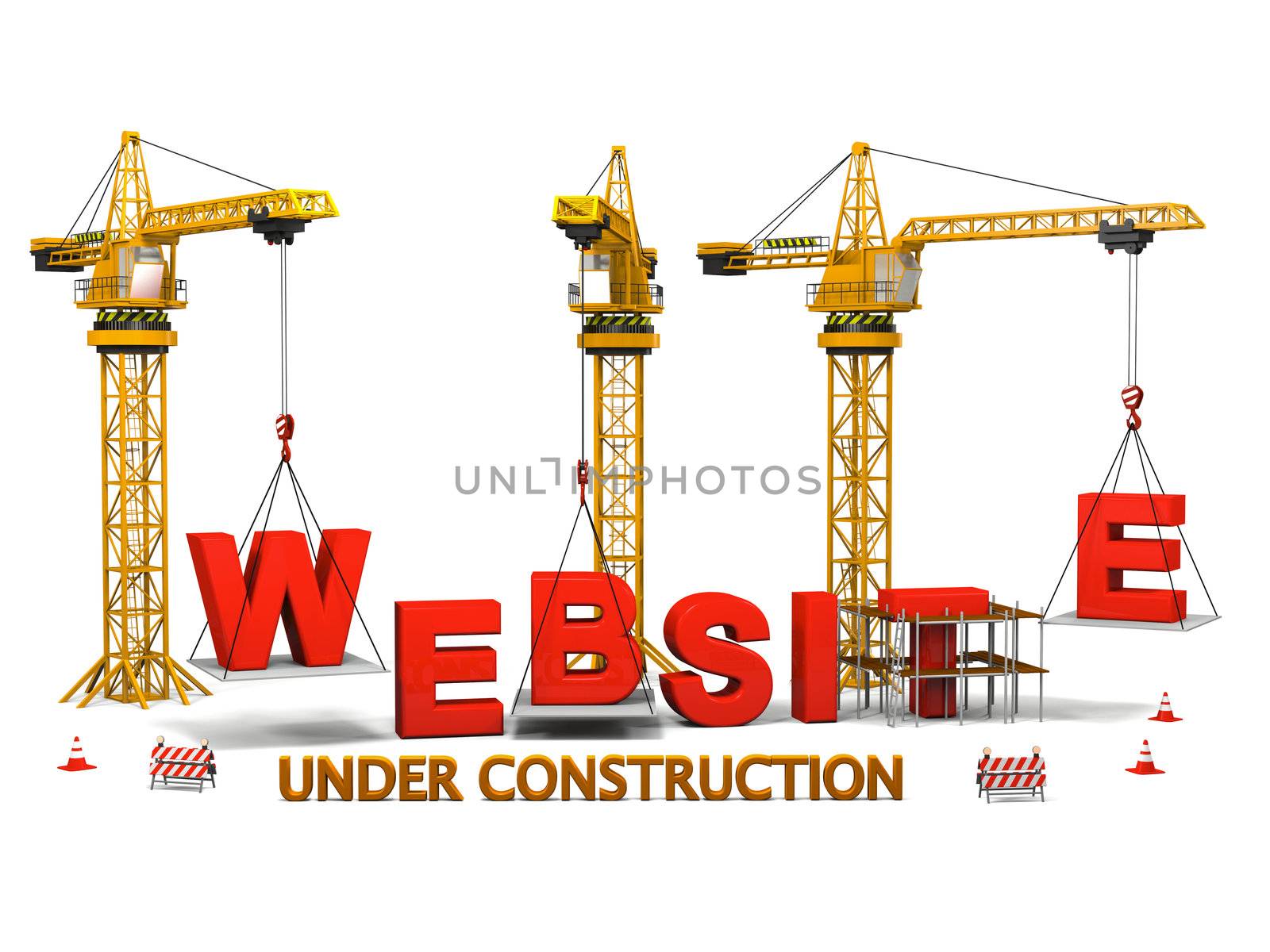 Concept of construction cranes building a website isolated on white background