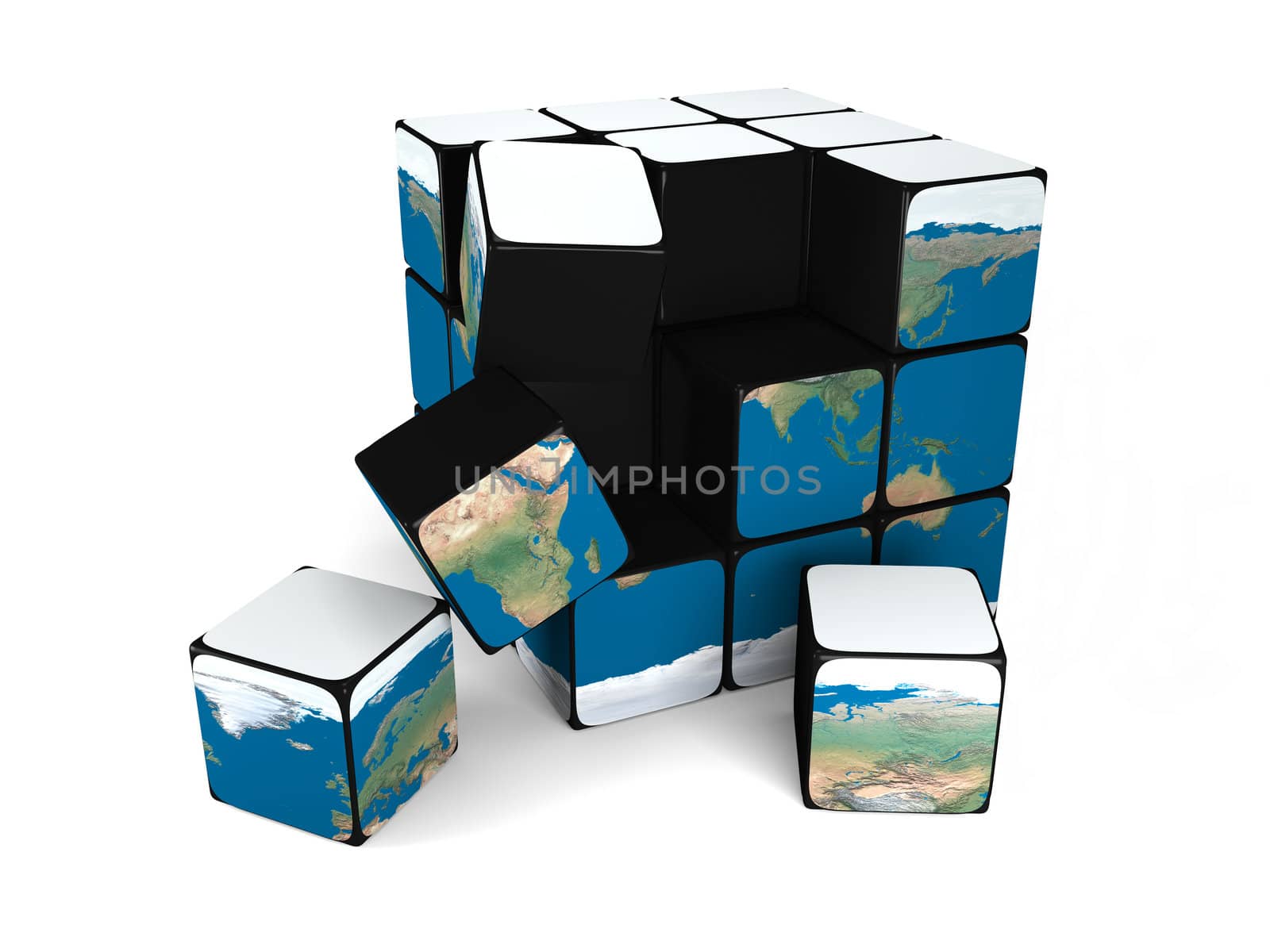 Cube representing planet Earth in decay with several building blocks falling down, isolated on white background. Elements of this image furnished by NASA.
