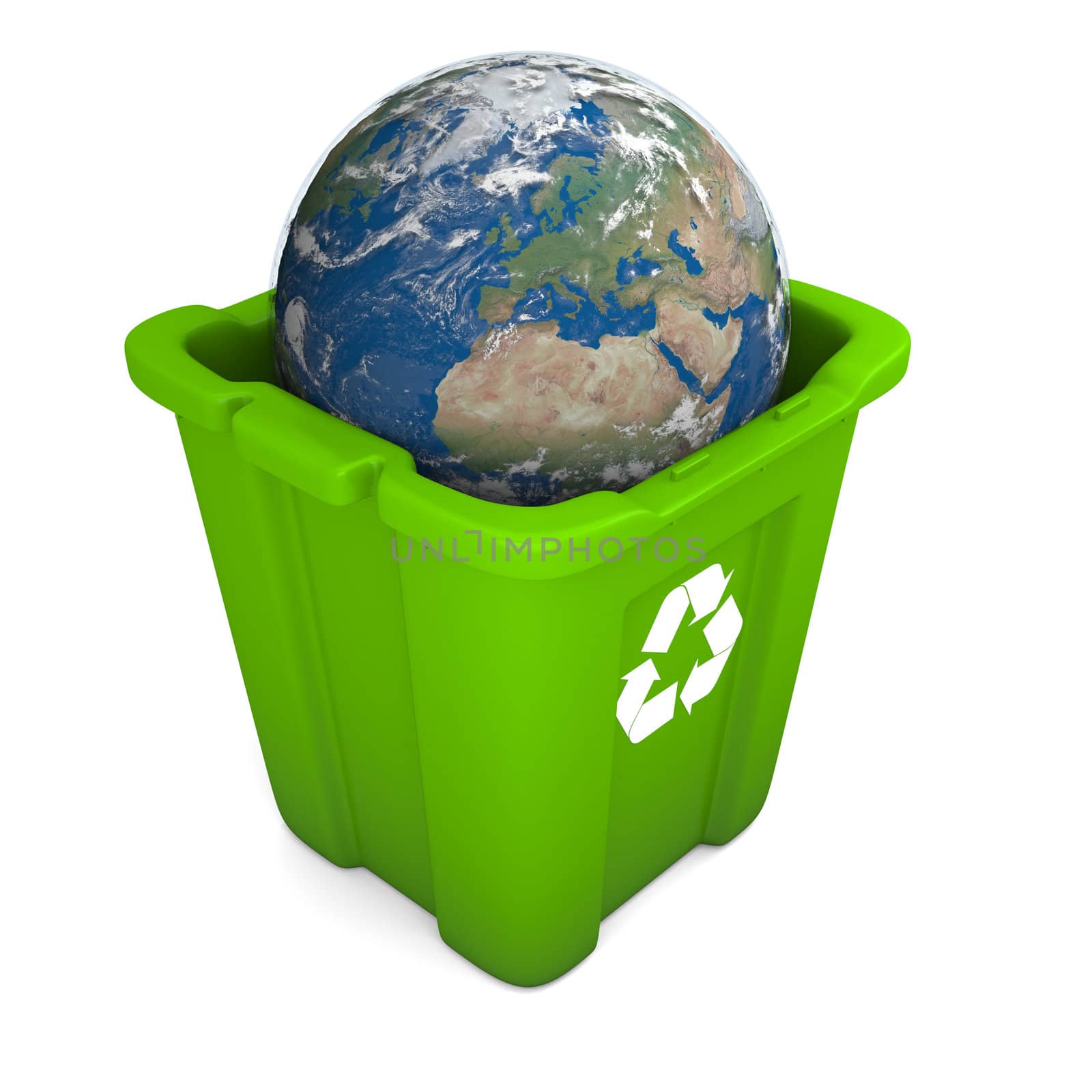 Environmental concept with planet Earth in green recycle bin isolated on white background. Elements of this image furnished by NASA