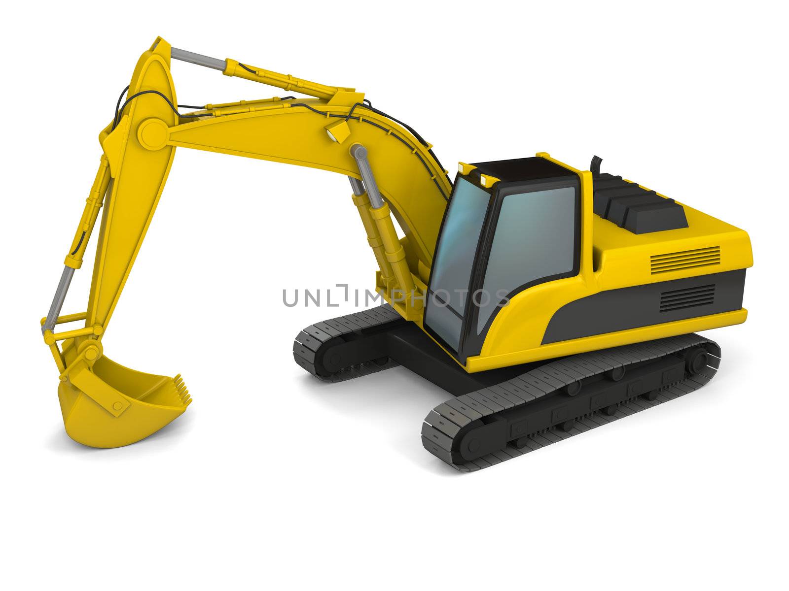 3D illustration of yellow modern excavator isolated on white background