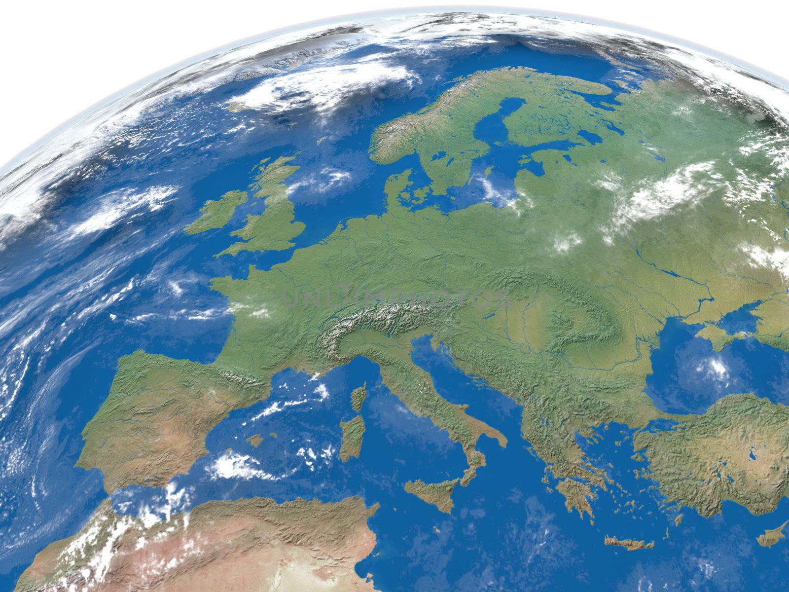Detailed illustration of Europe from space with clouds and atmosphere. Elements of this image furnished by NASA