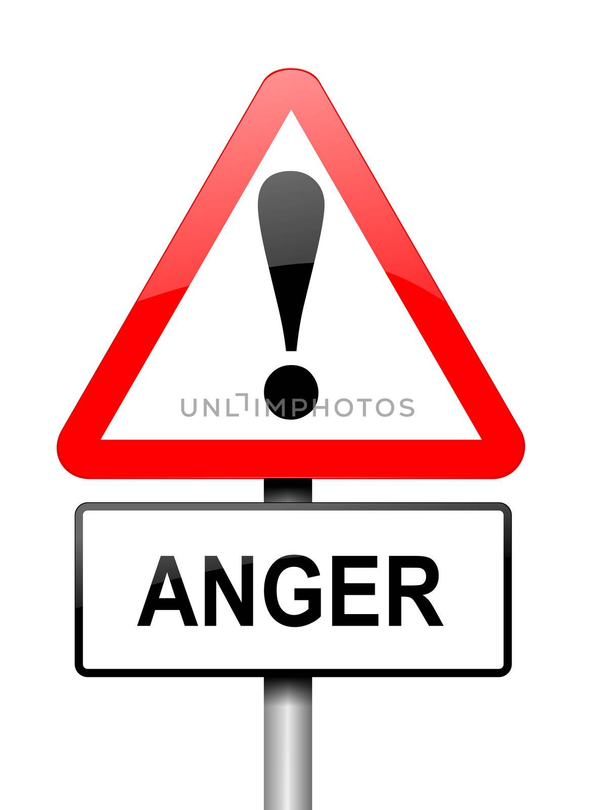 Illustration depicting a red and white triangular warning sign with an 'anger' concept. White background.