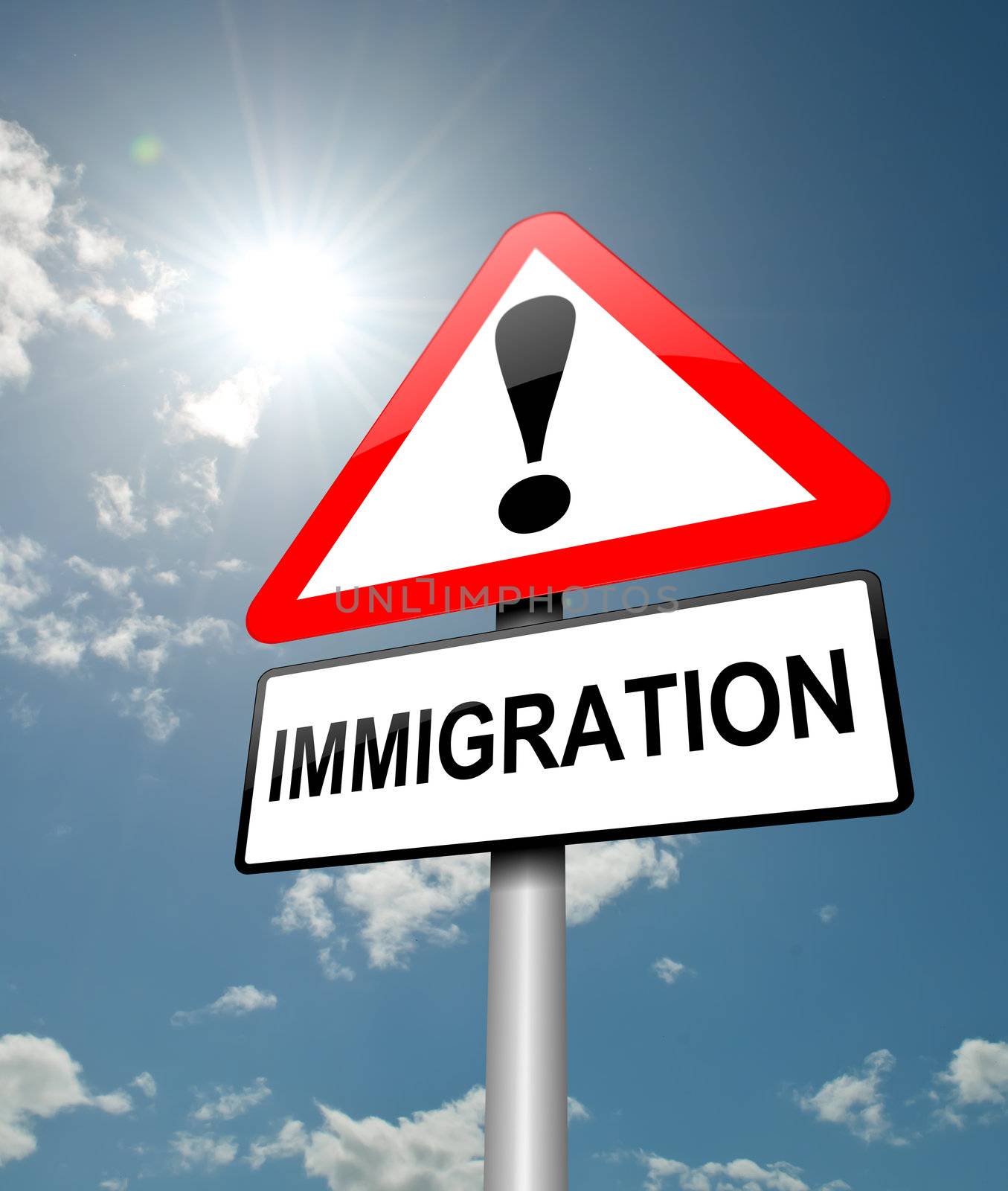 Illustration depicting a red and white triangular warning sign with a immigration' concept. Blue sky background.