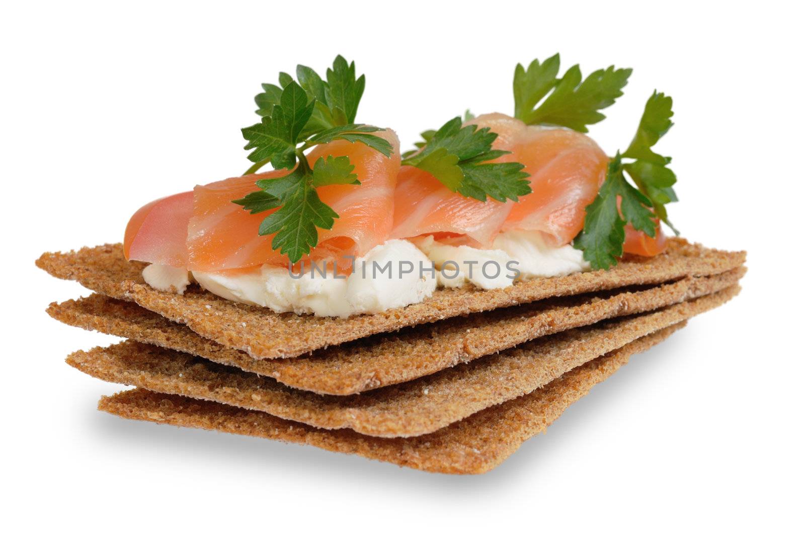 Snack. Bread with feta cheese and salmon. Isolated on white.