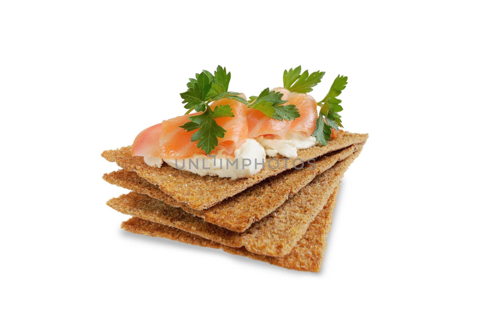 Snack. Bread with feta cheese and salmon. Isolated on white.