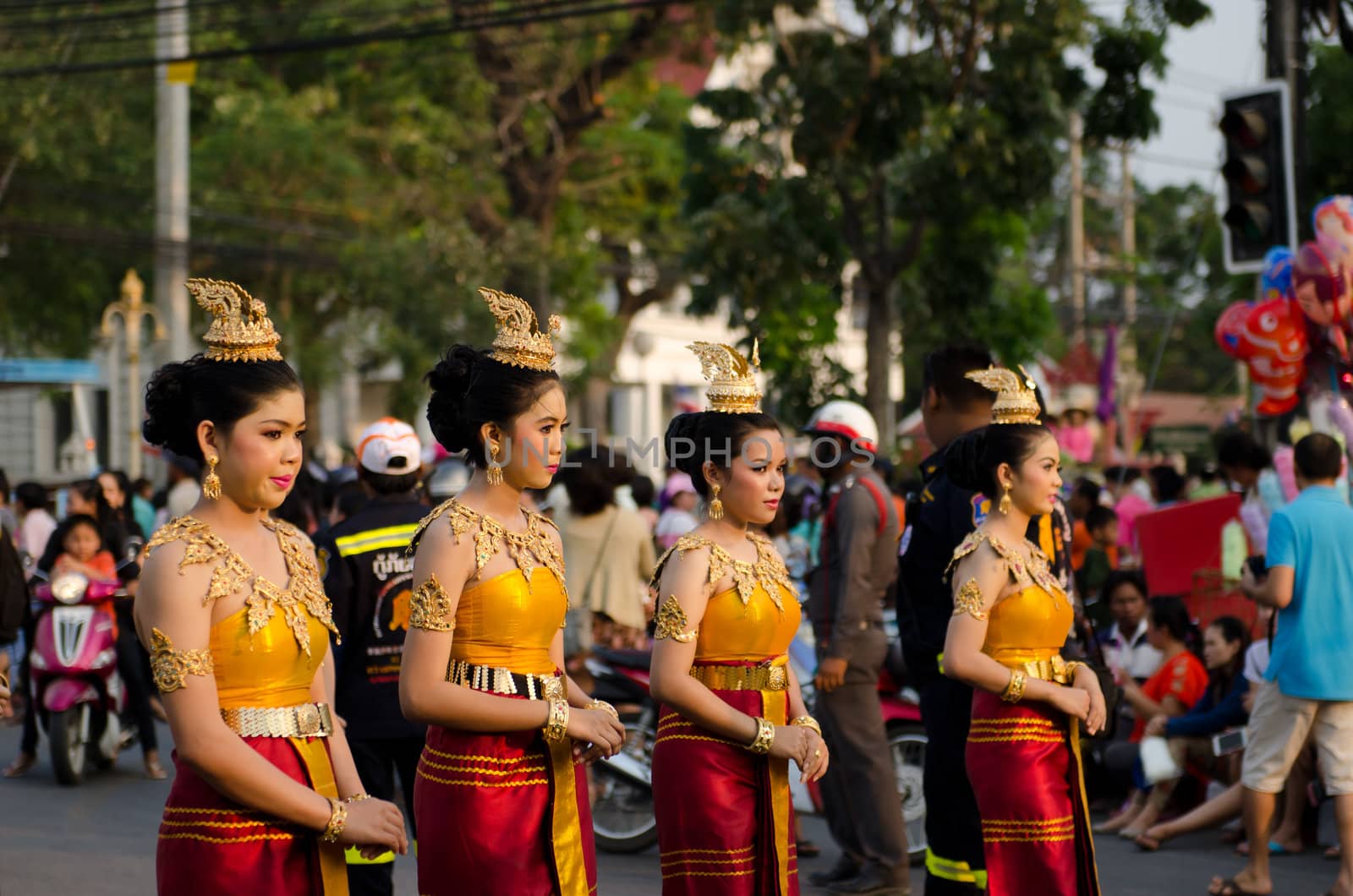 Phetchaburi, Thailand - March 28th:participants in Phranakhonkhiri festival parade 2013 on public street in front of Khao Wang  Phetchaburi on March 28th, 2013 in Phetchaburi Province, Thailand. 