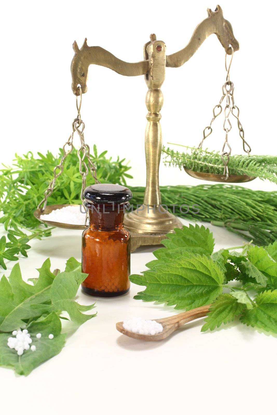 Homeopathy with globules, an apothecary jar and scale, and natural herbs