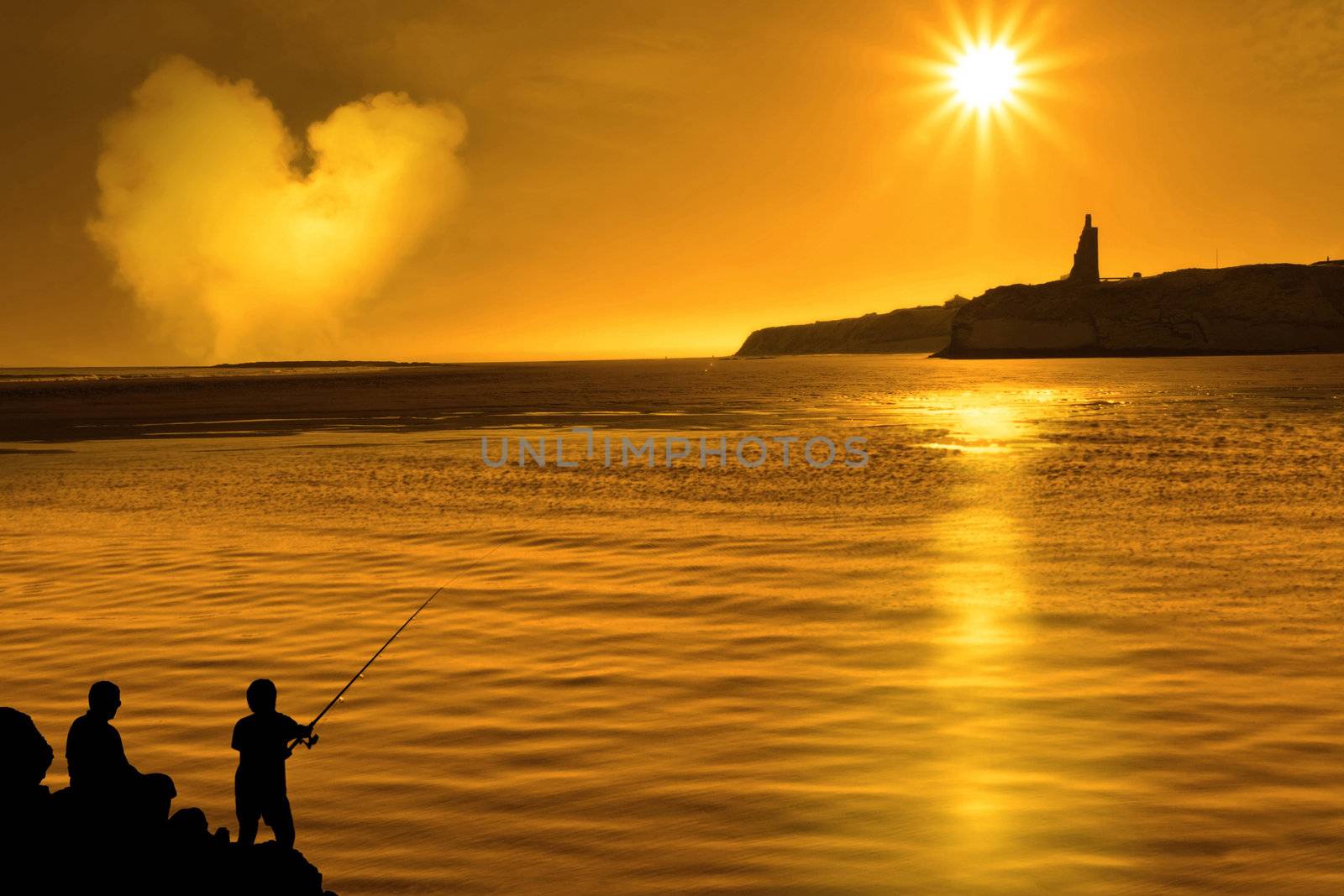 silhouette of father and son loving fishing in Ireland by morrbyte