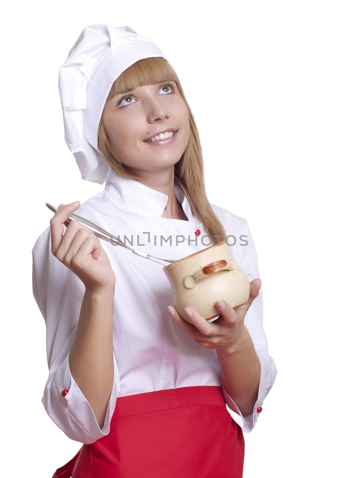 beautiful woman hold a pot of food, checks cooked