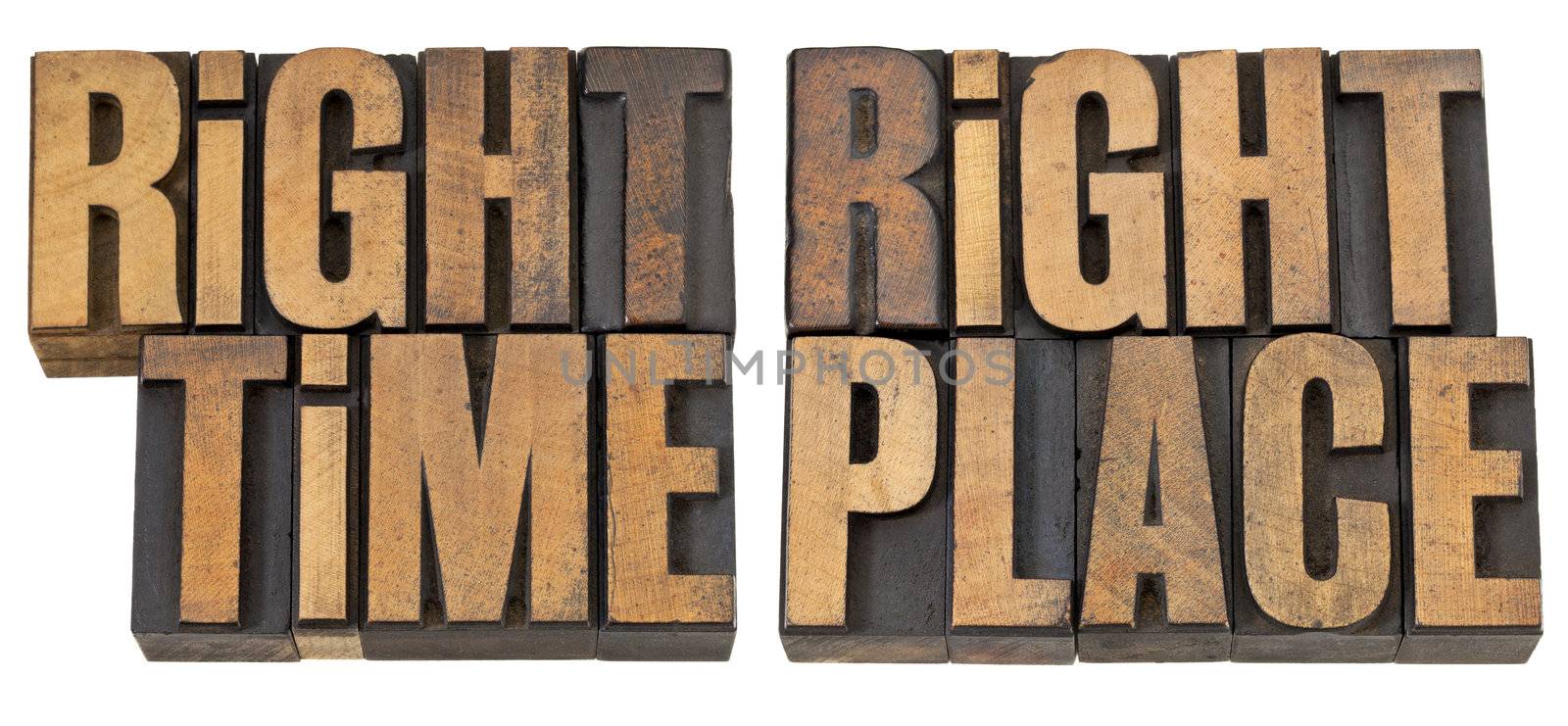 right time, right place - opportunity concept  - isolated phrase in vintage letterpress wood type