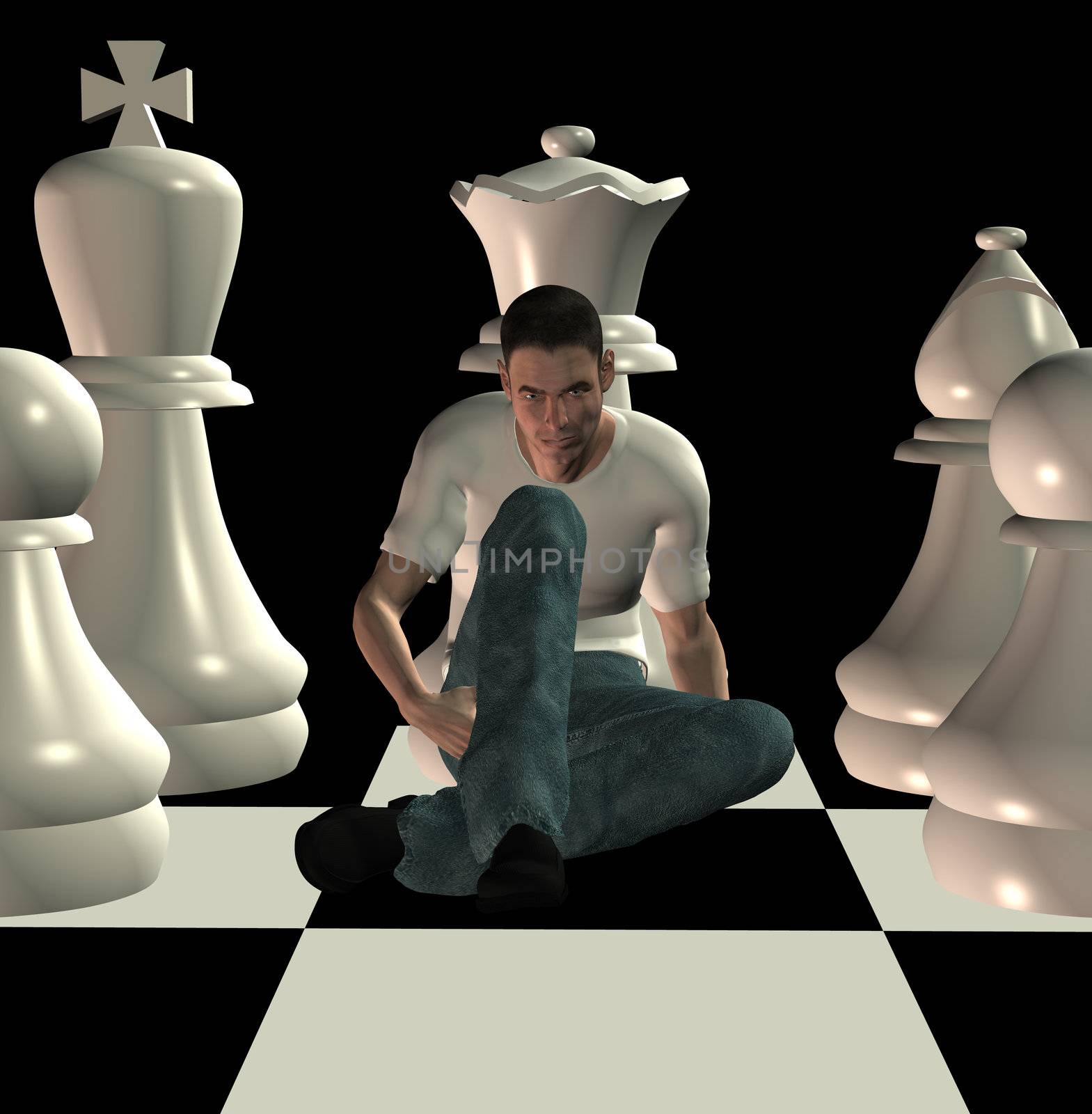 Man sitting on chessboard among team of white chess pawns. 3d illustration.