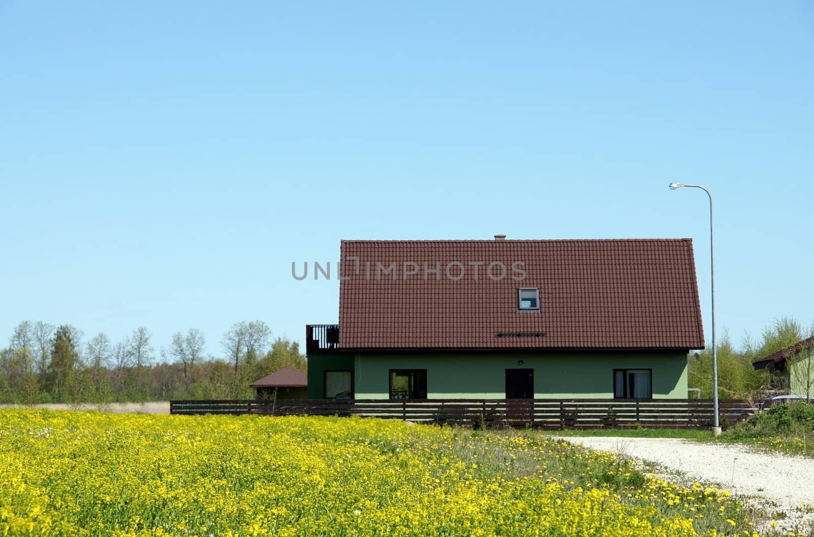 The house and field on a background of the blue sky