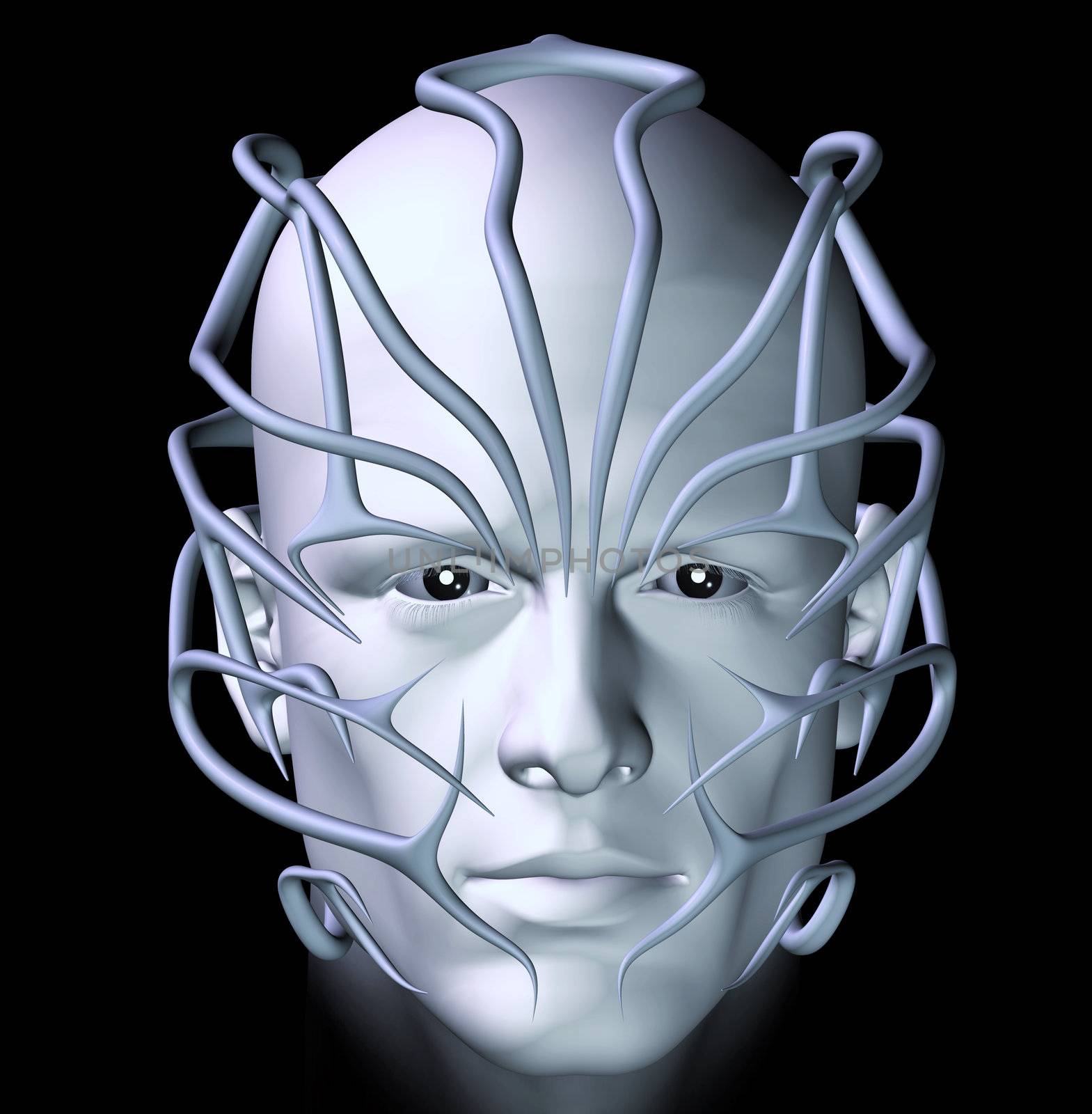 Cyberpunk with futuristic tribal thorn mask. 3d illustration.