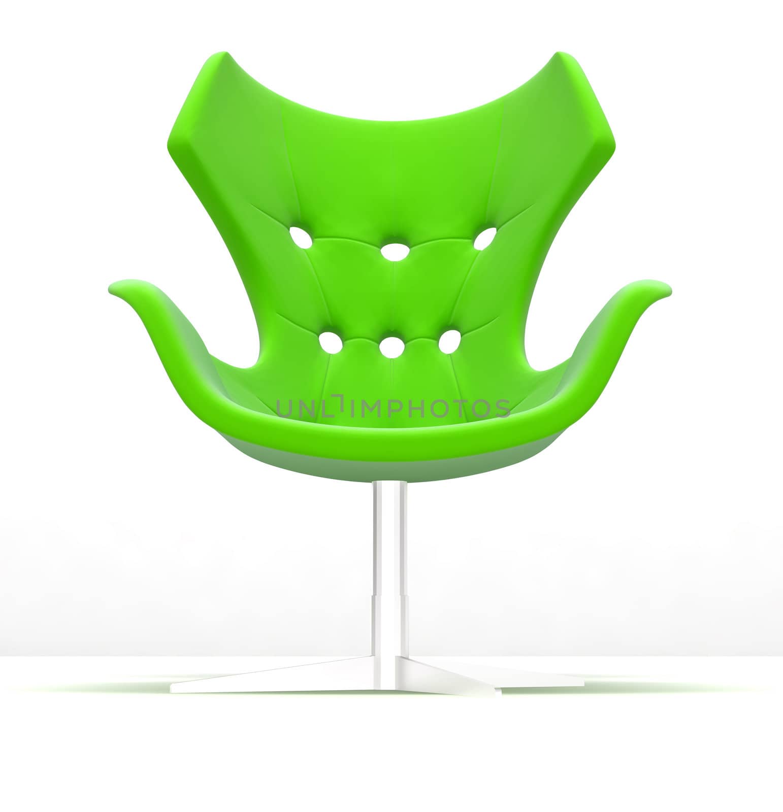 Stylish modern armchair from polished silver metal and a green material of a seat and a back