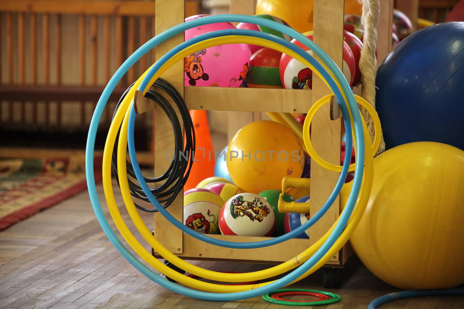 Hoops ball sports equipment in the gymnastics hall