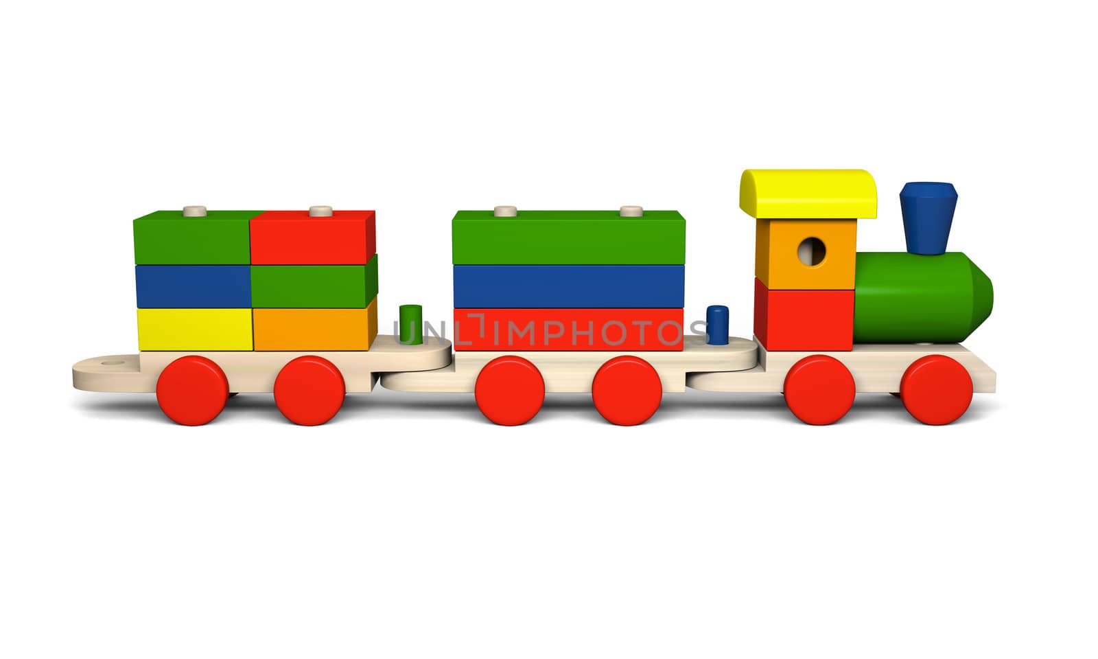 3D illustration of colorful wooden toy train
