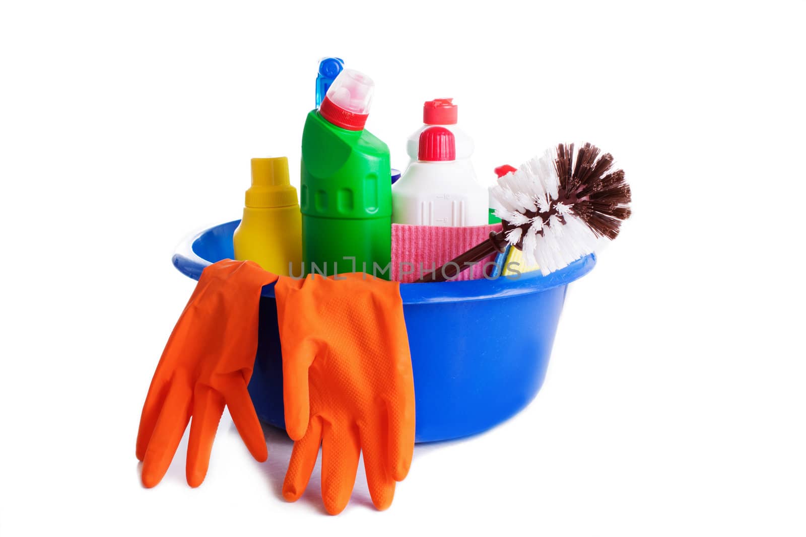 Set of cleaning products and tools on white