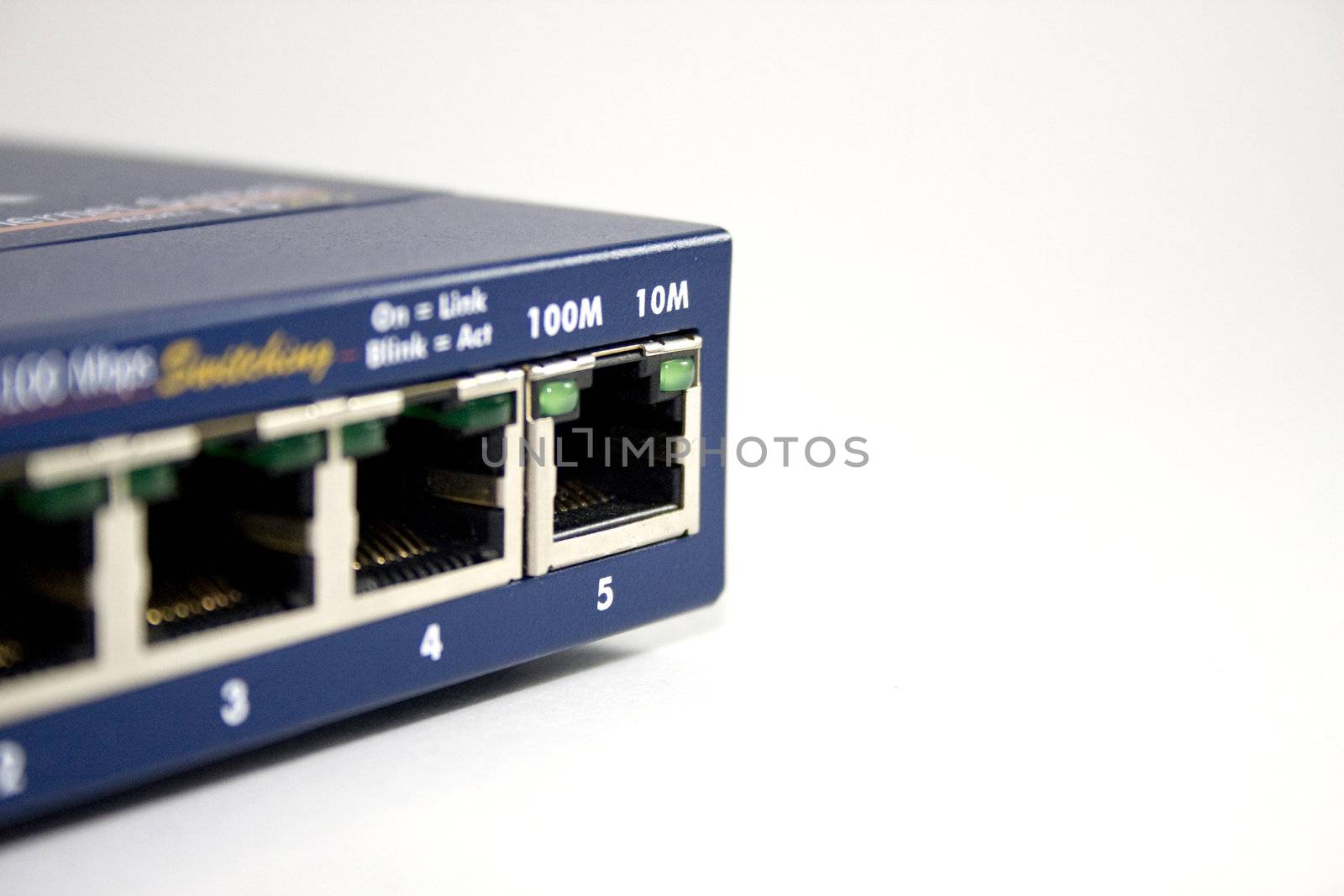 Close-up of network switch on white background