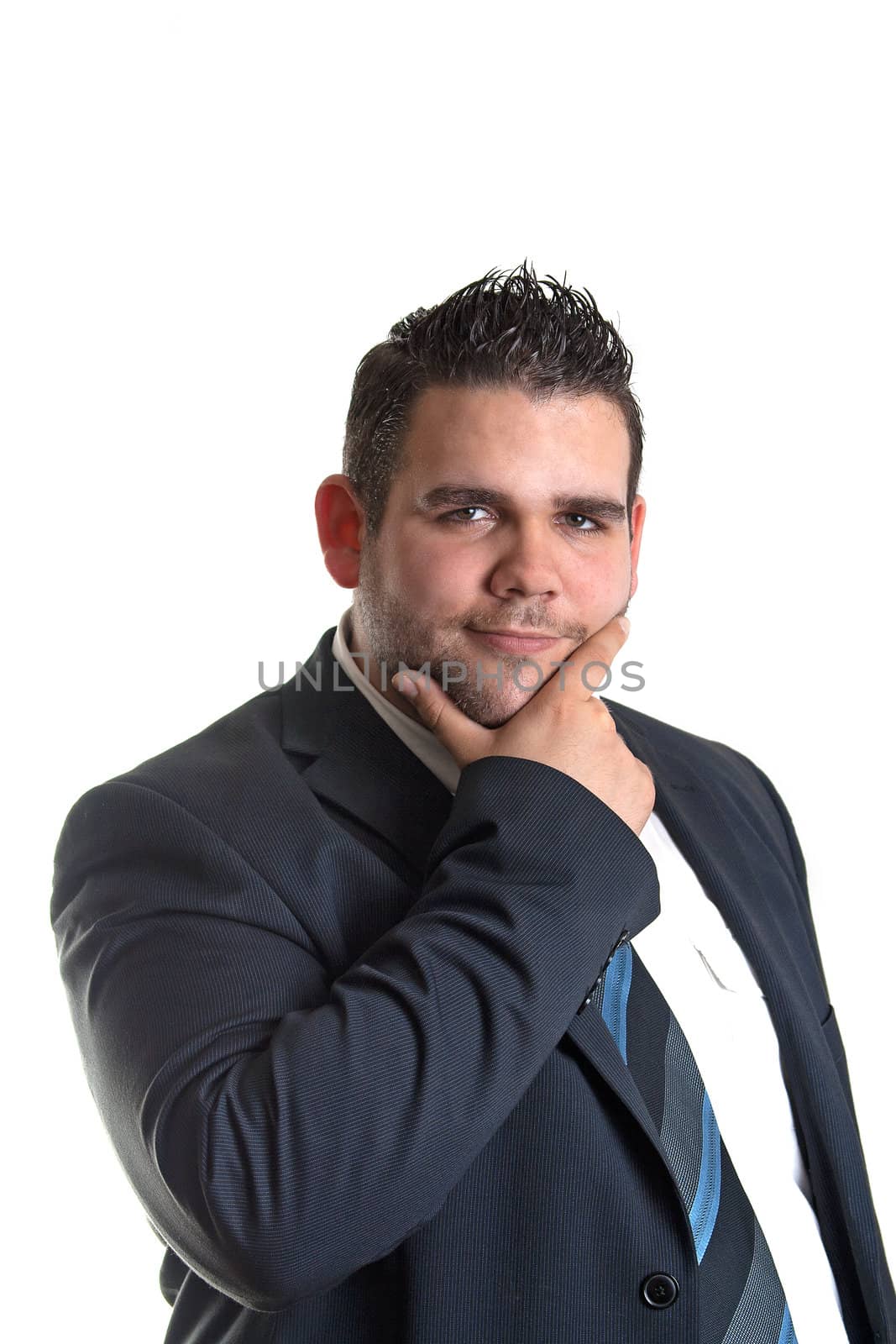 Portrait of handsome young thoughtful businessman isolated over white background 