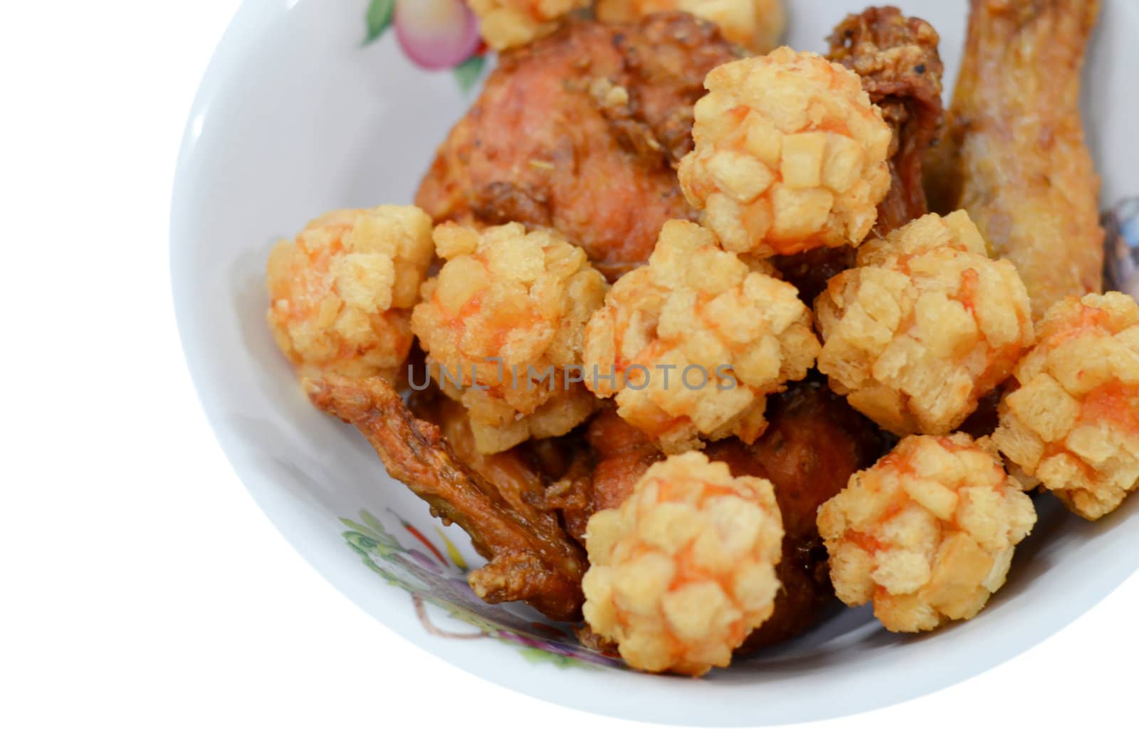  fried  prawn balls and  deep fried  chicken on white background