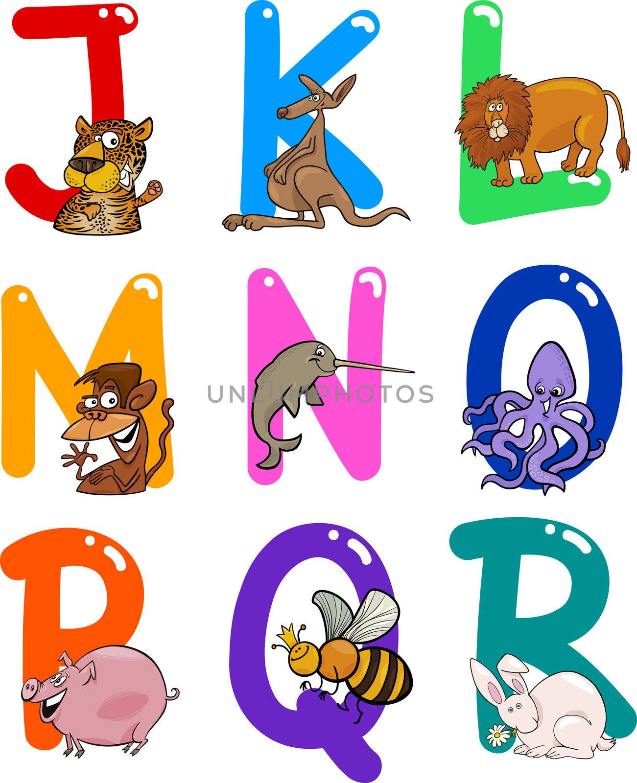 Cartoon Colorful Alphabet Set with Funny Animals