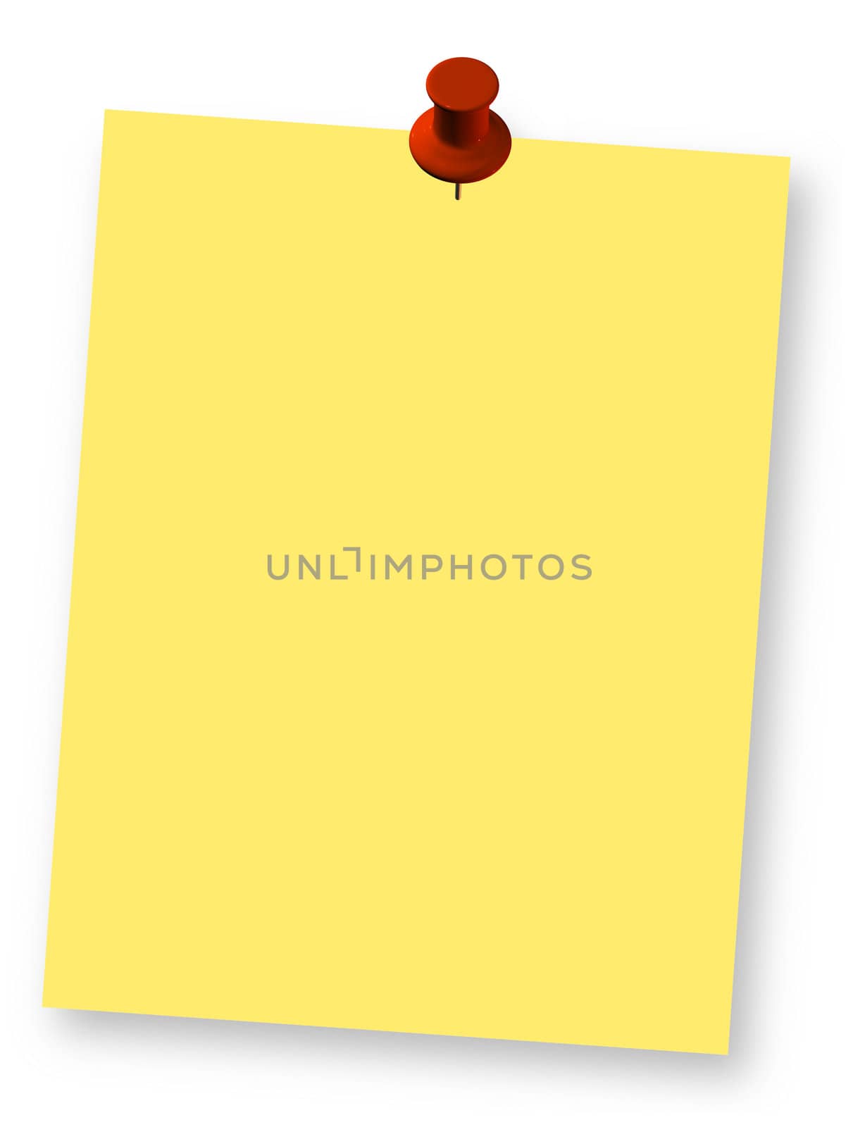 Blank yellow note paper and red pushpin design element. 3d illustration.